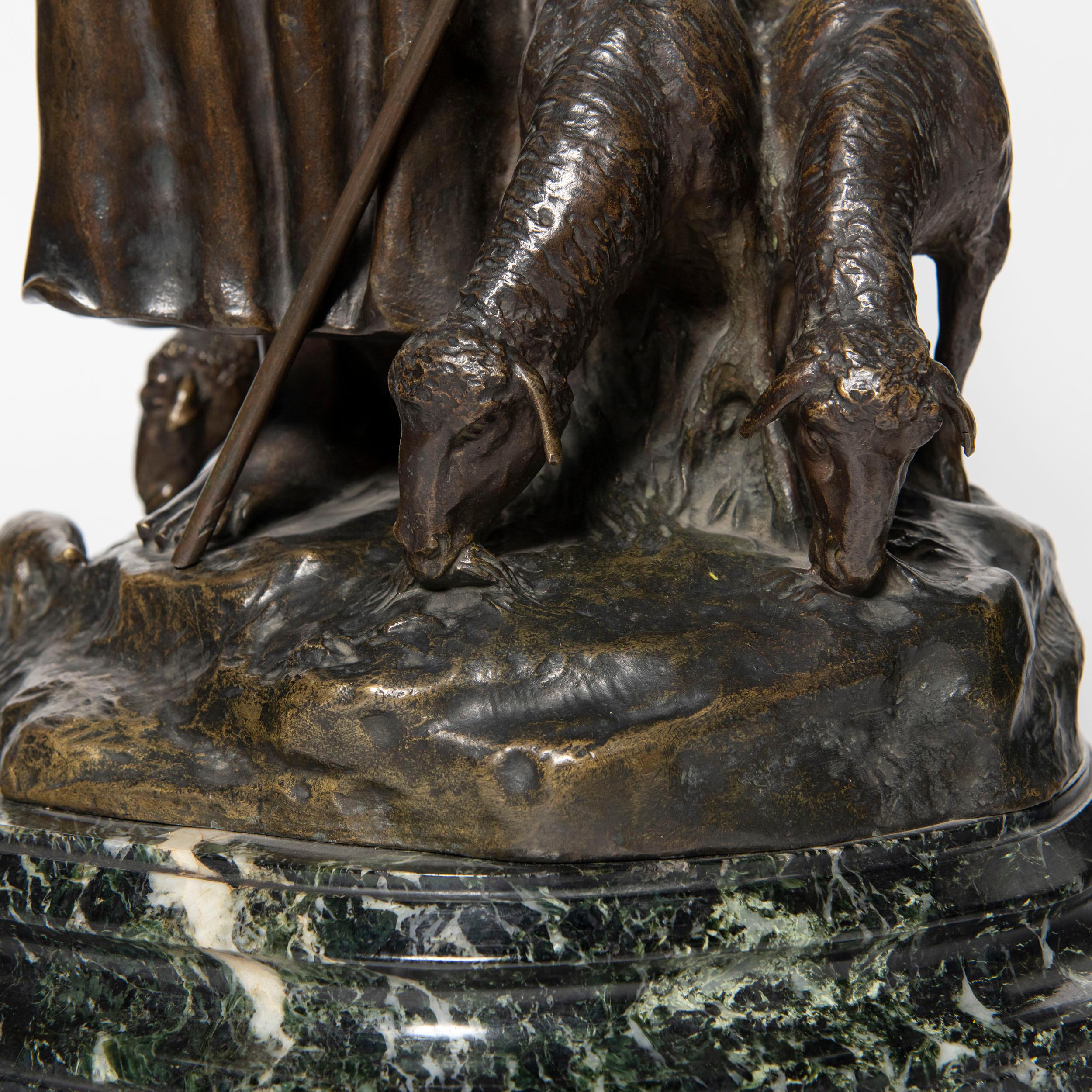 Cast Bronze and Marble Shepherdess with Sheep Sculpture Signed D. Alonzo In Good Condition For Sale In Buenos Aires, Buenos Aires