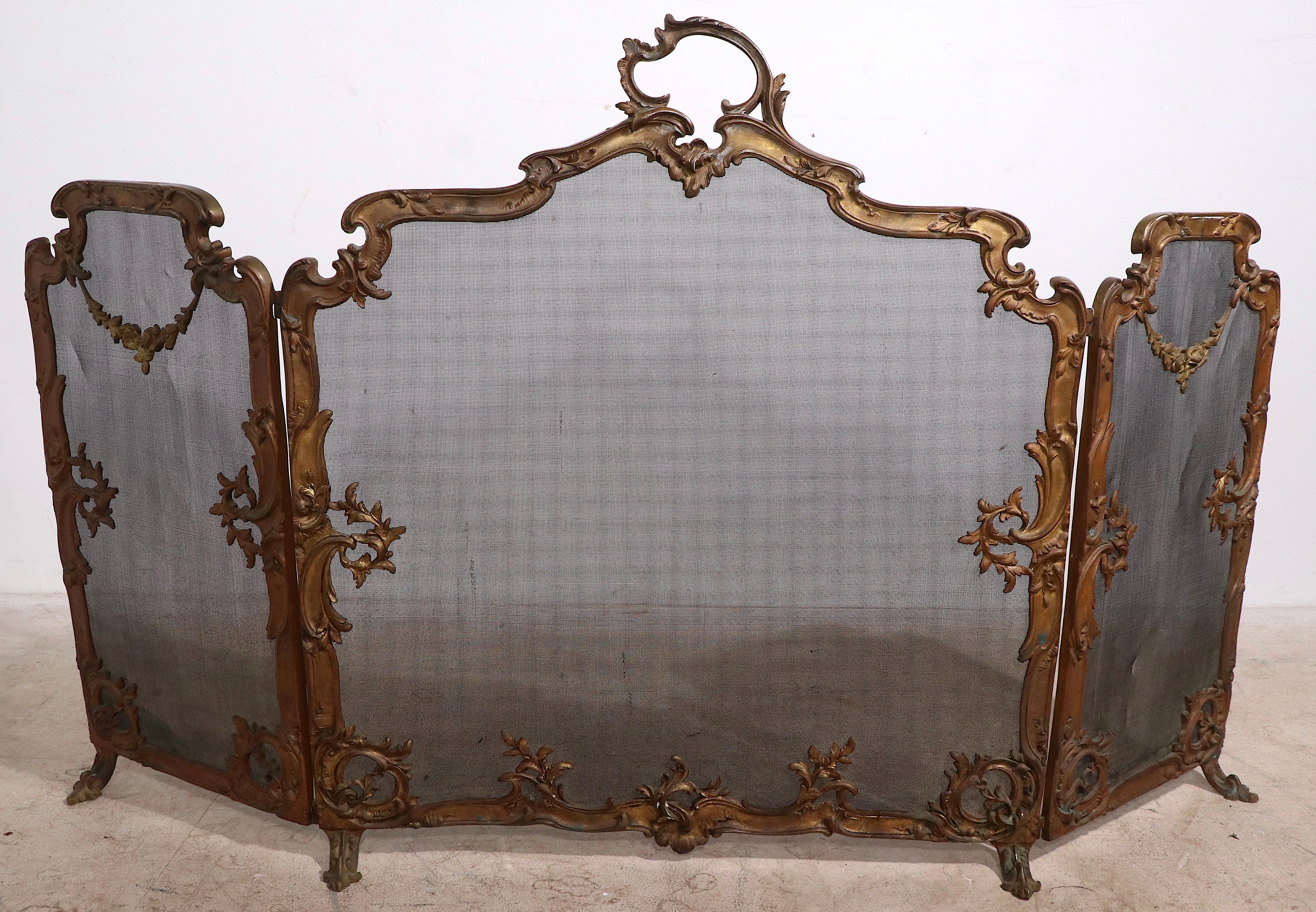 French Cast Bronze and Mesh, Three Fold Fireplace Screen Marked Palm Bronze Paris