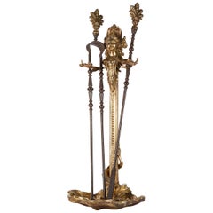 Cast Bronze and Wrought Iron Nautical Theme Fireplace Tools Set, circa 1890s