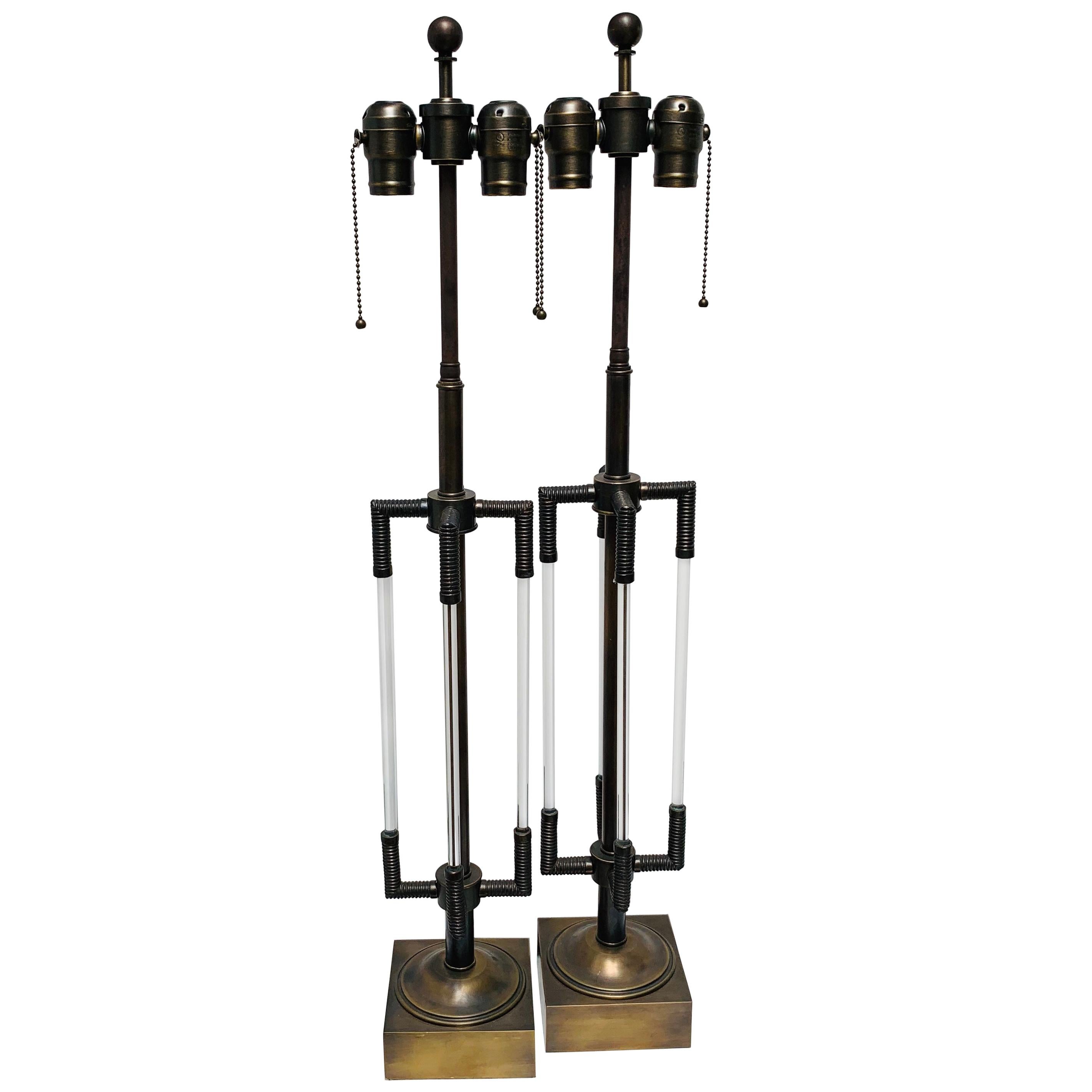 Cast Bronze,  Art Deco Lamps with Solid Glass Rods