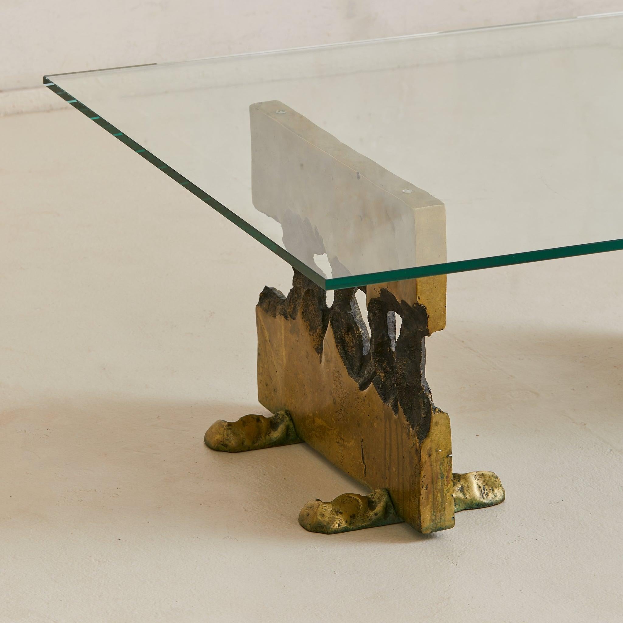 Modern Cast Bronze Base Coffee Table with Glass Top Attributed to Valenti, 1970s For Sale