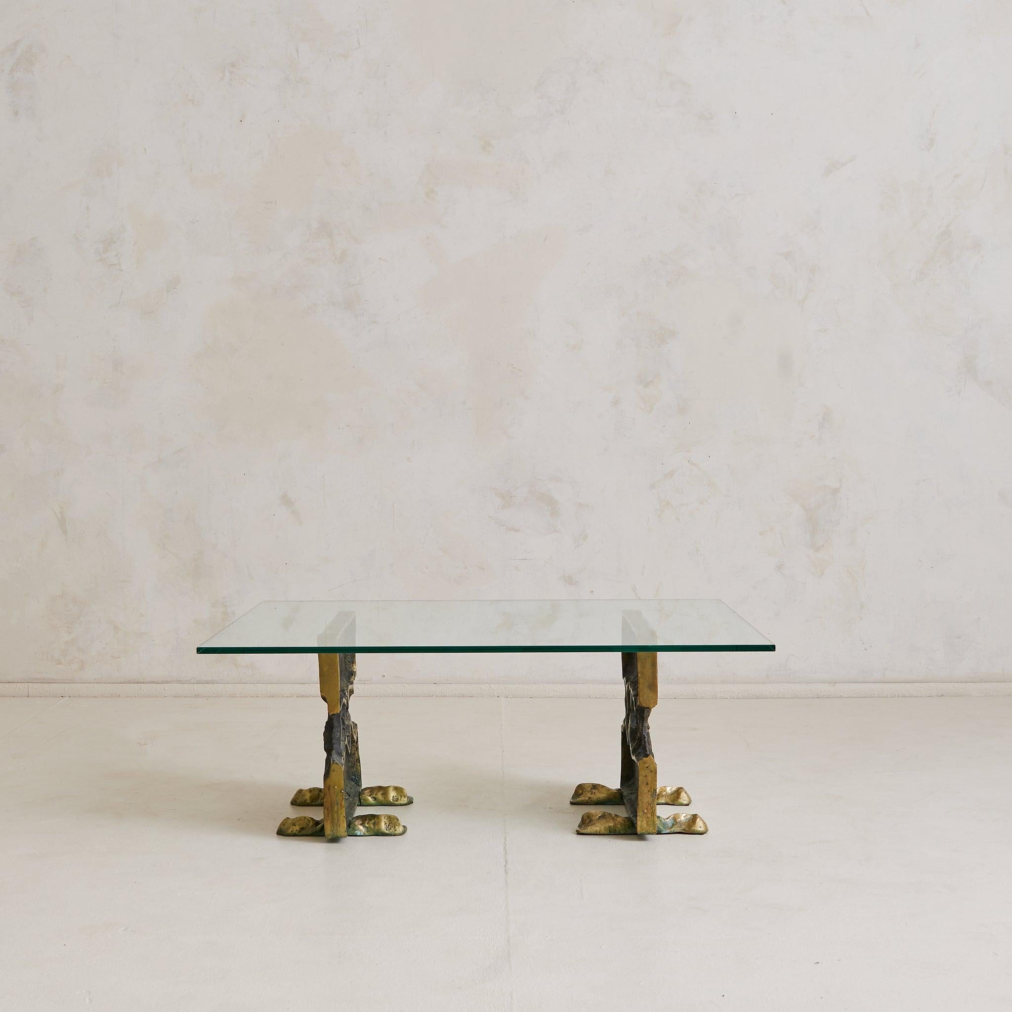 Spanish Cast Bronze Base Coffee Table with Glass Top Attributed to Valenti, 1970s For Sale