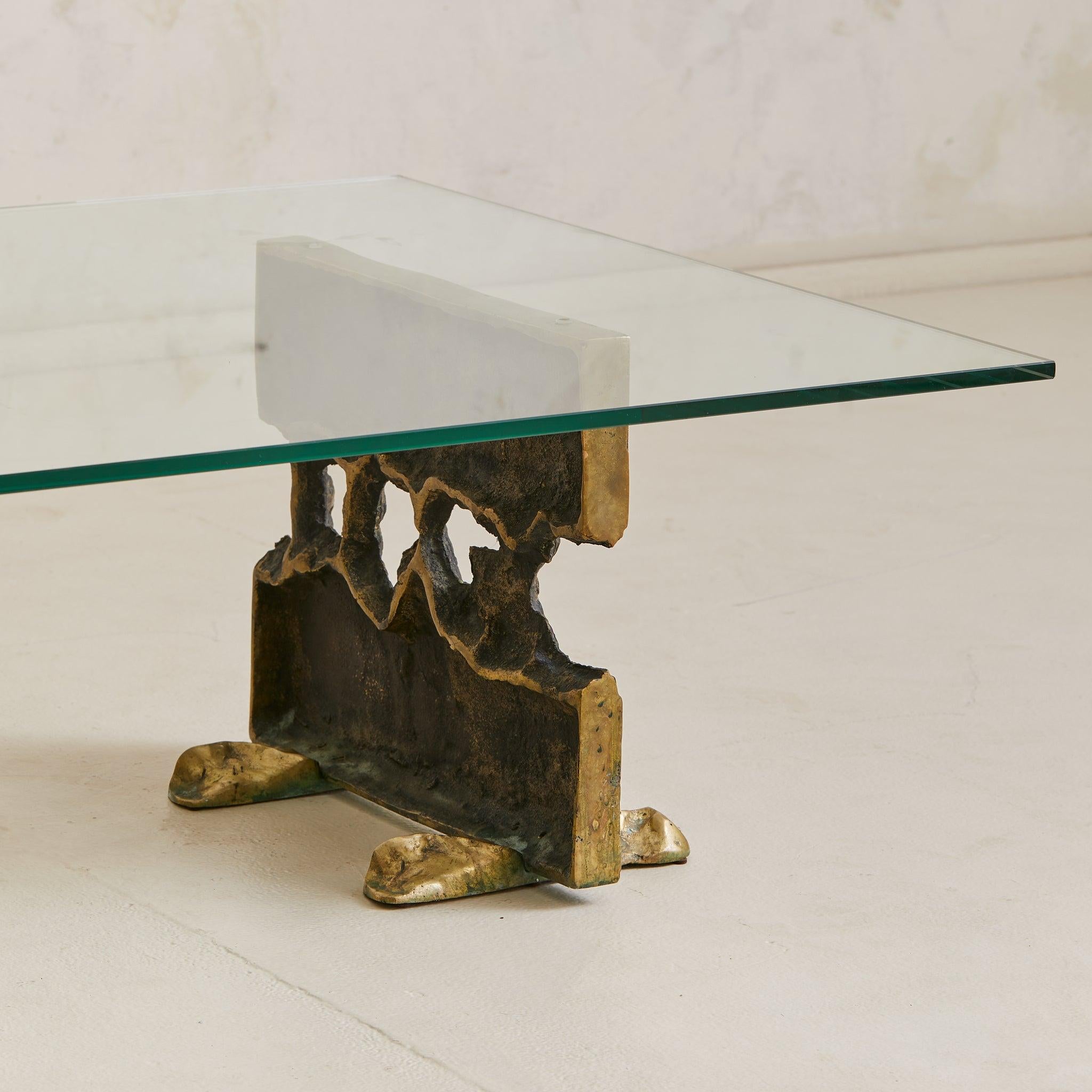 Cast Bronze Base Coffee Table with Glass Top Attributed to Valenti, 1970s In Excellent Condition For Sale In Chicago, IL