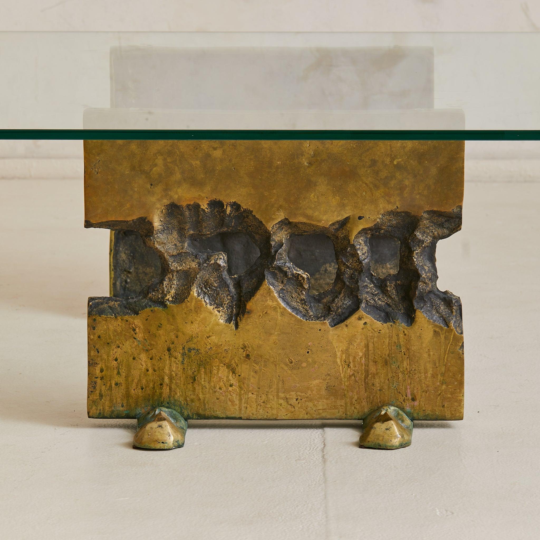Late 20th Century Cast Bronze Base Coffee Table with Glass Top Attributed to Valenti, 1970s For Sale