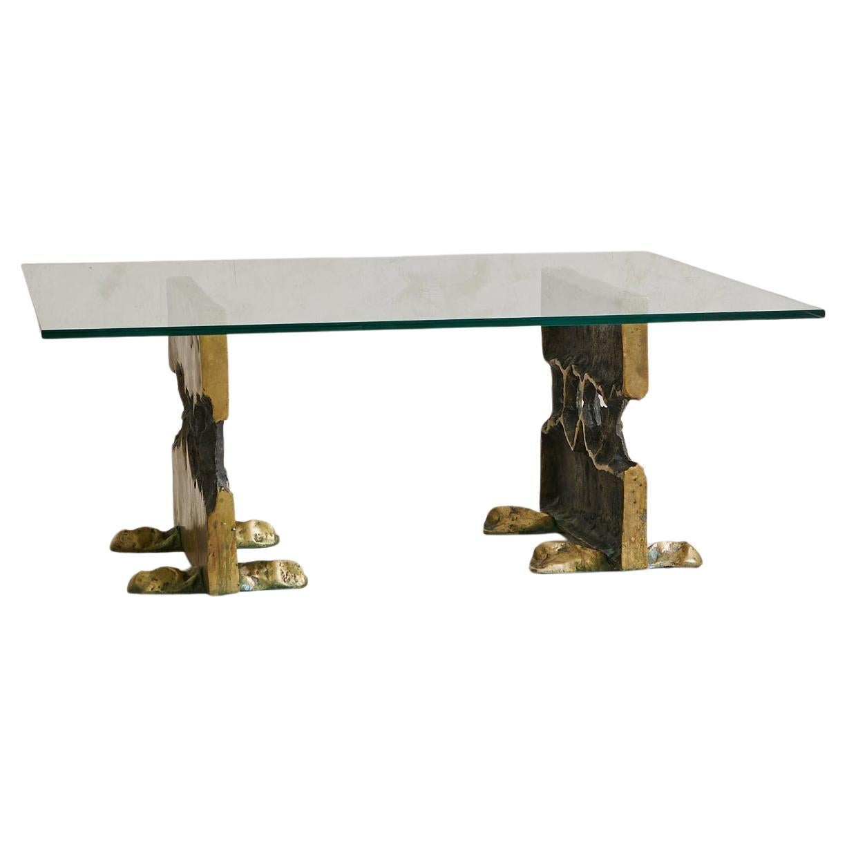 Cast Bronze Base Coffee Table with Glass Top Attributed to Valenti, 1970s For Sale