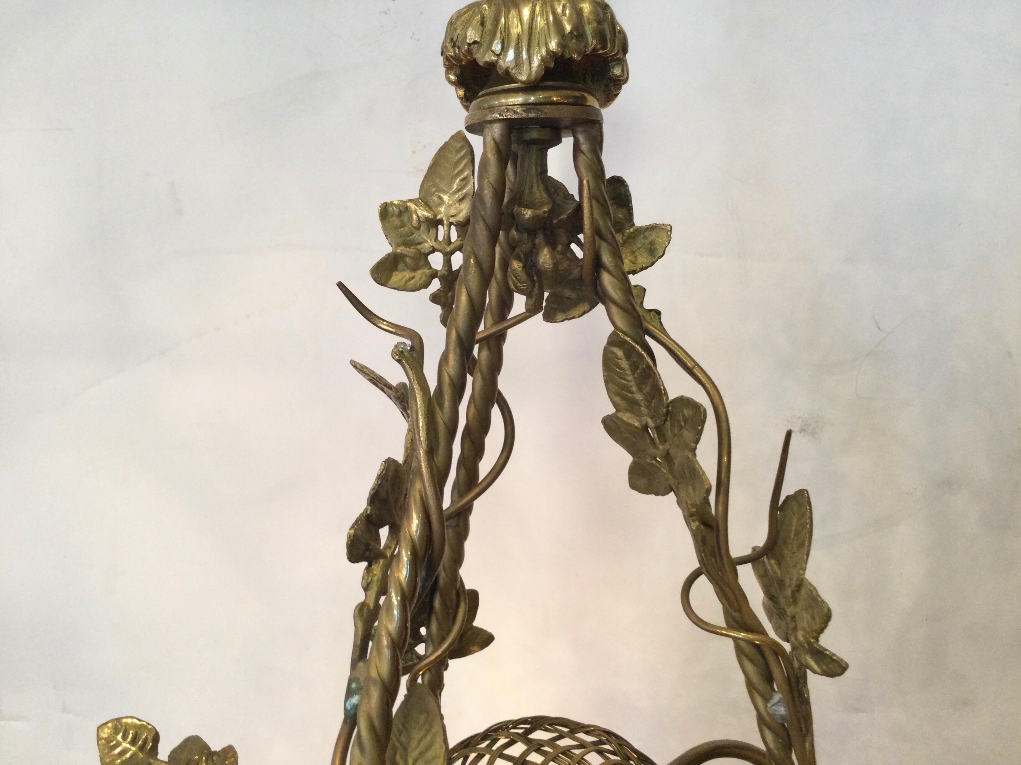 Belle Époque Cast Bronze Basket Form Chandelier, Three Light