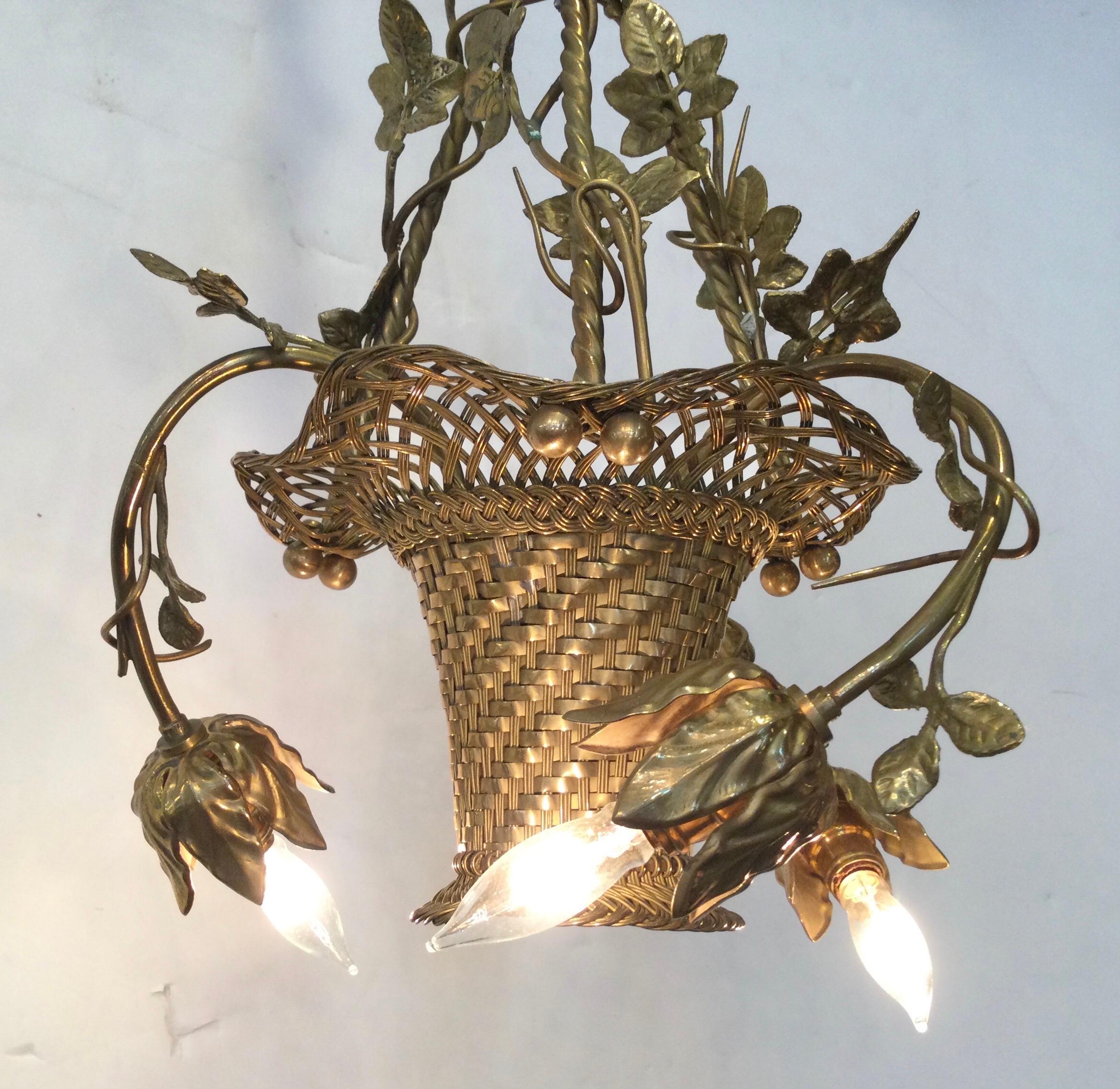 Cast Bronze Basket Form Chandelier, Three Light 1