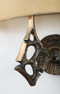 Cast Bronze Pair of Brutalist Patinated Sconces, France 1970's