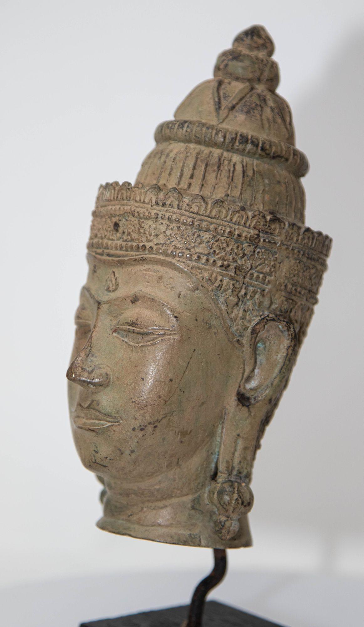 Cast Bronze Buddha Head Sculpture with Verdigris 19th C. For Sale 4