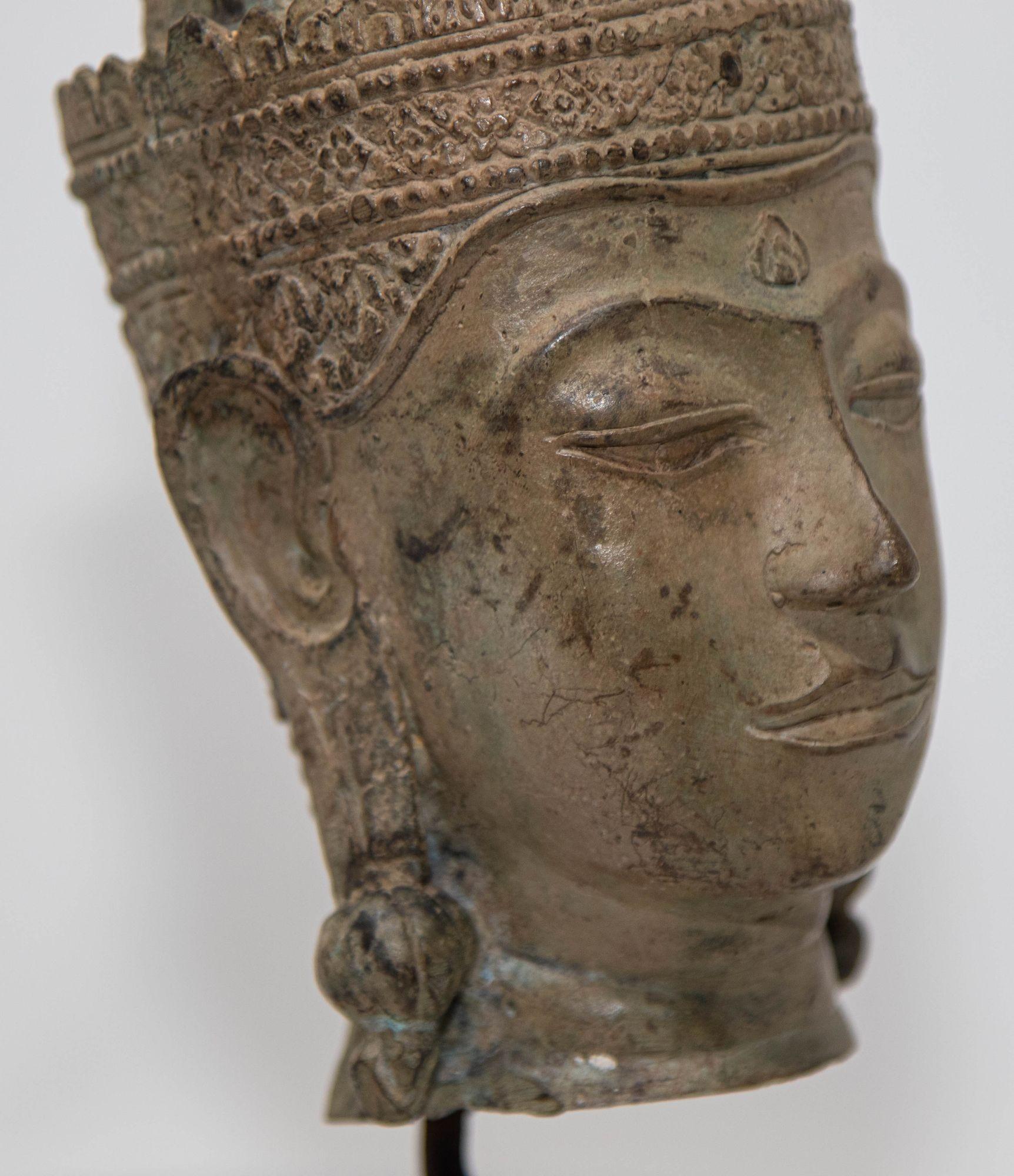 Cast Bronze Buddha Head Sculpture with Verdigris 19th C. For Sale 5