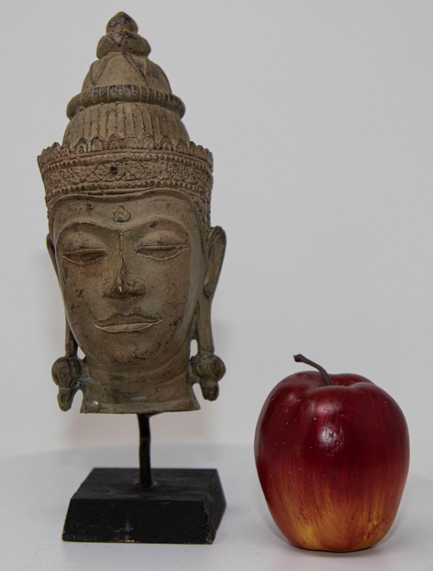 Cast Bronze Buddha Head Sculpture with Verdigris 19th C. For Sale 6