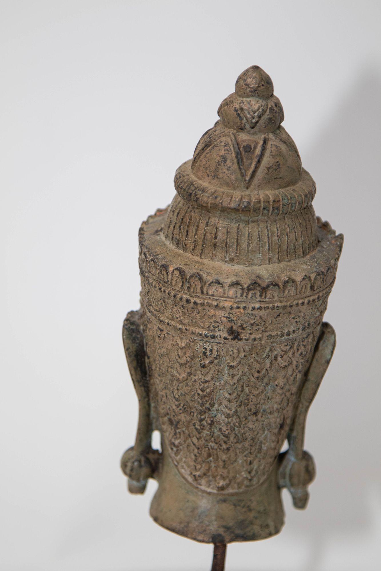 Cast Bronze Buddha Head Sculpture with Verdigris 19th C. For Sale 8