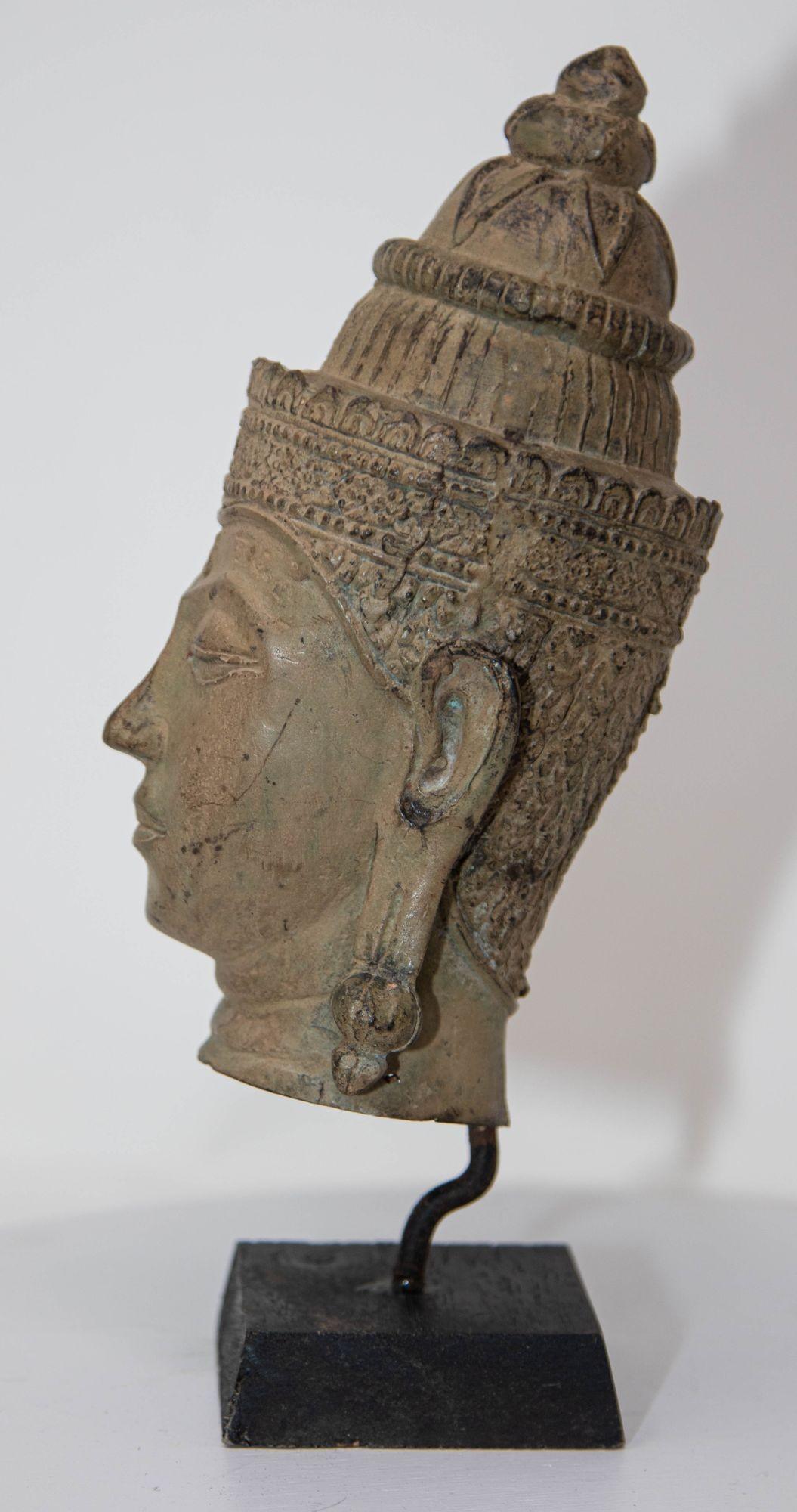 Cast Bronze Buddha Head Sculpture with Verdigris 19th C. For Sale 9