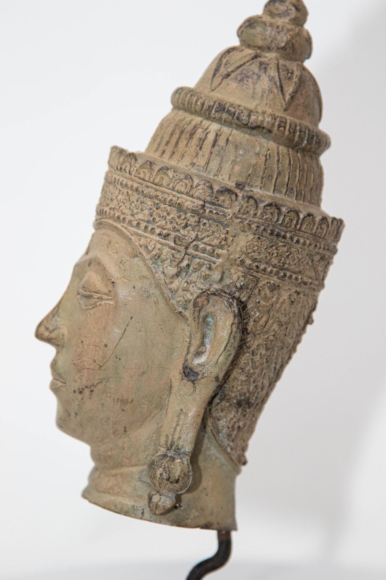 Cast Bronze Buddha Head Sculpture with Verdigris 19th C. For Sale 10