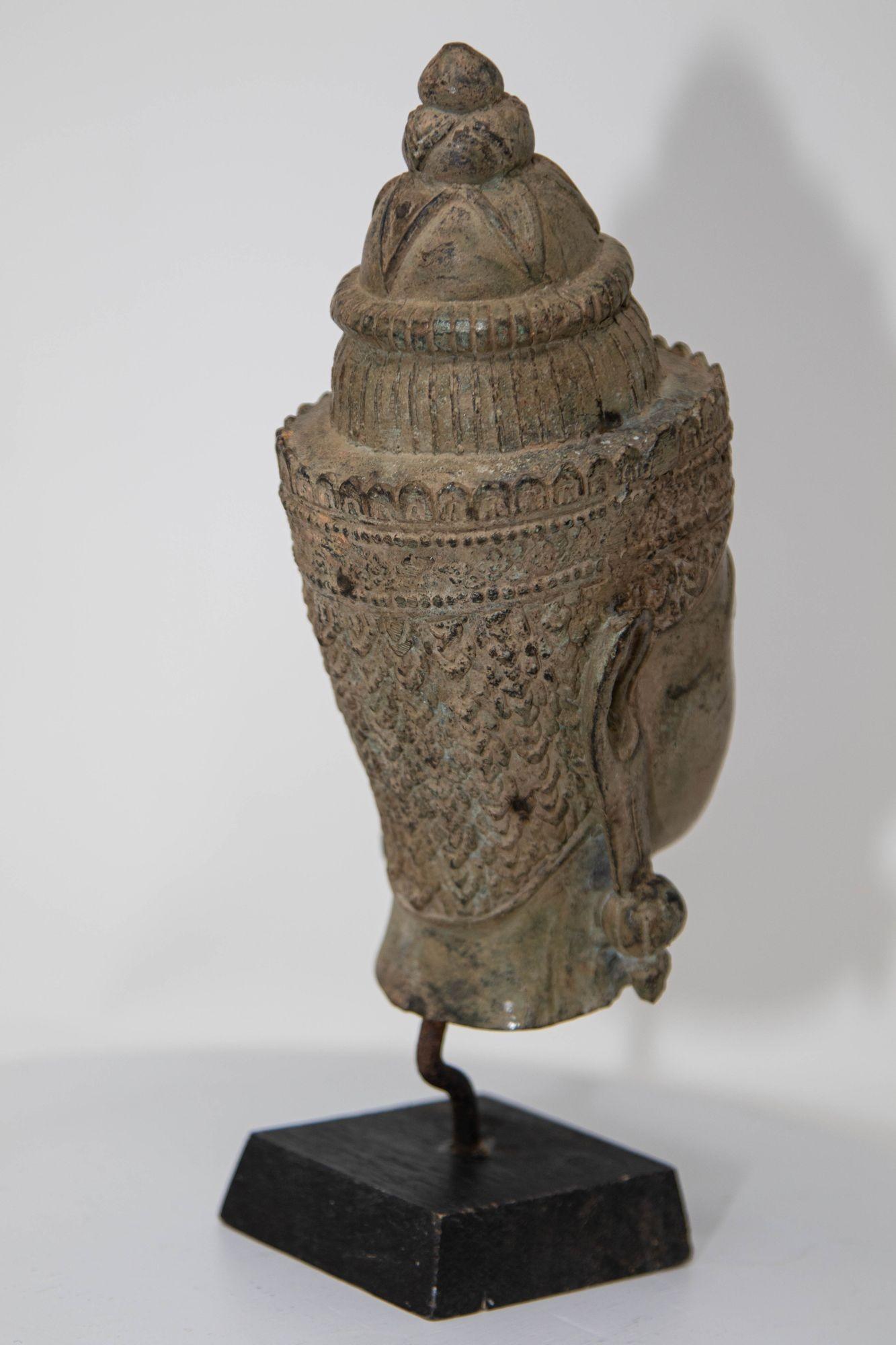 Cast Bronze Buddha Head Sculpture with Verdigris 19th C. For Sale 13