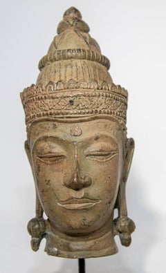 Cast Bronze Buddha Head Sculpture with Verdigris 19th C.