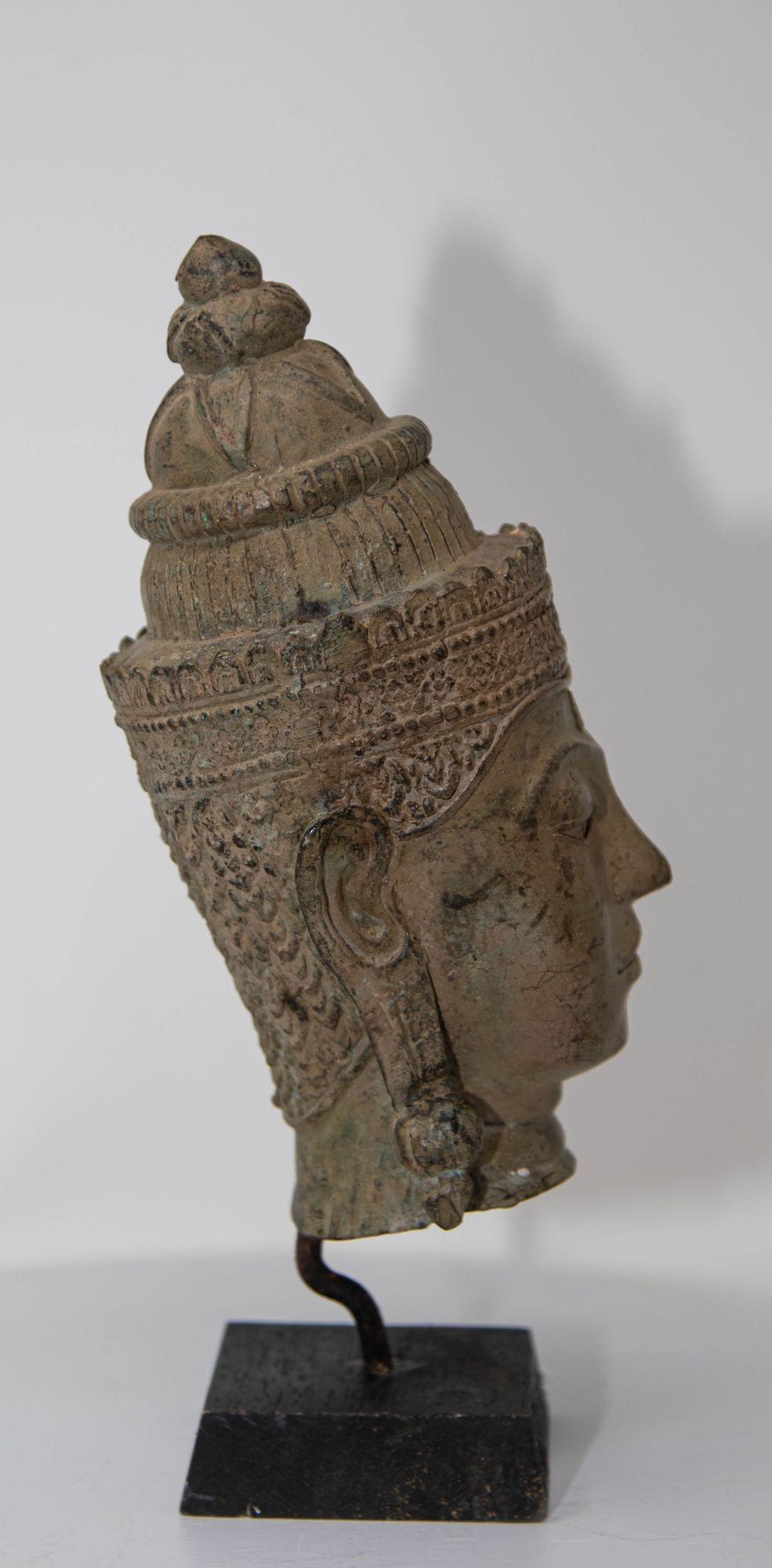 Cast Bronze Buddha Head Sculpture with Verdigris 19th C. For Sale 14
