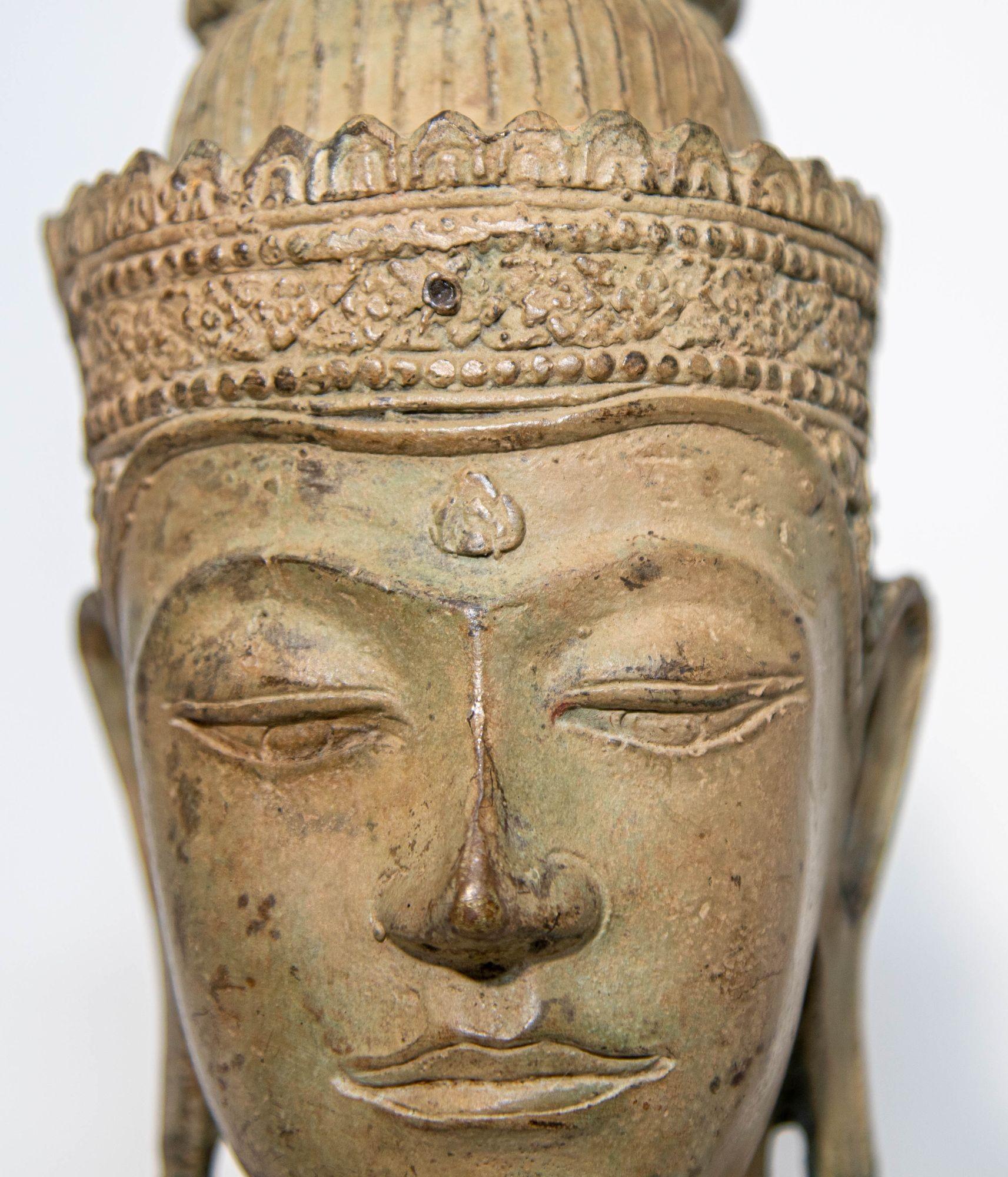 Tibetan Cast Bronze Buddha Head Sculpture with Verdigris 19th C. For Sale
