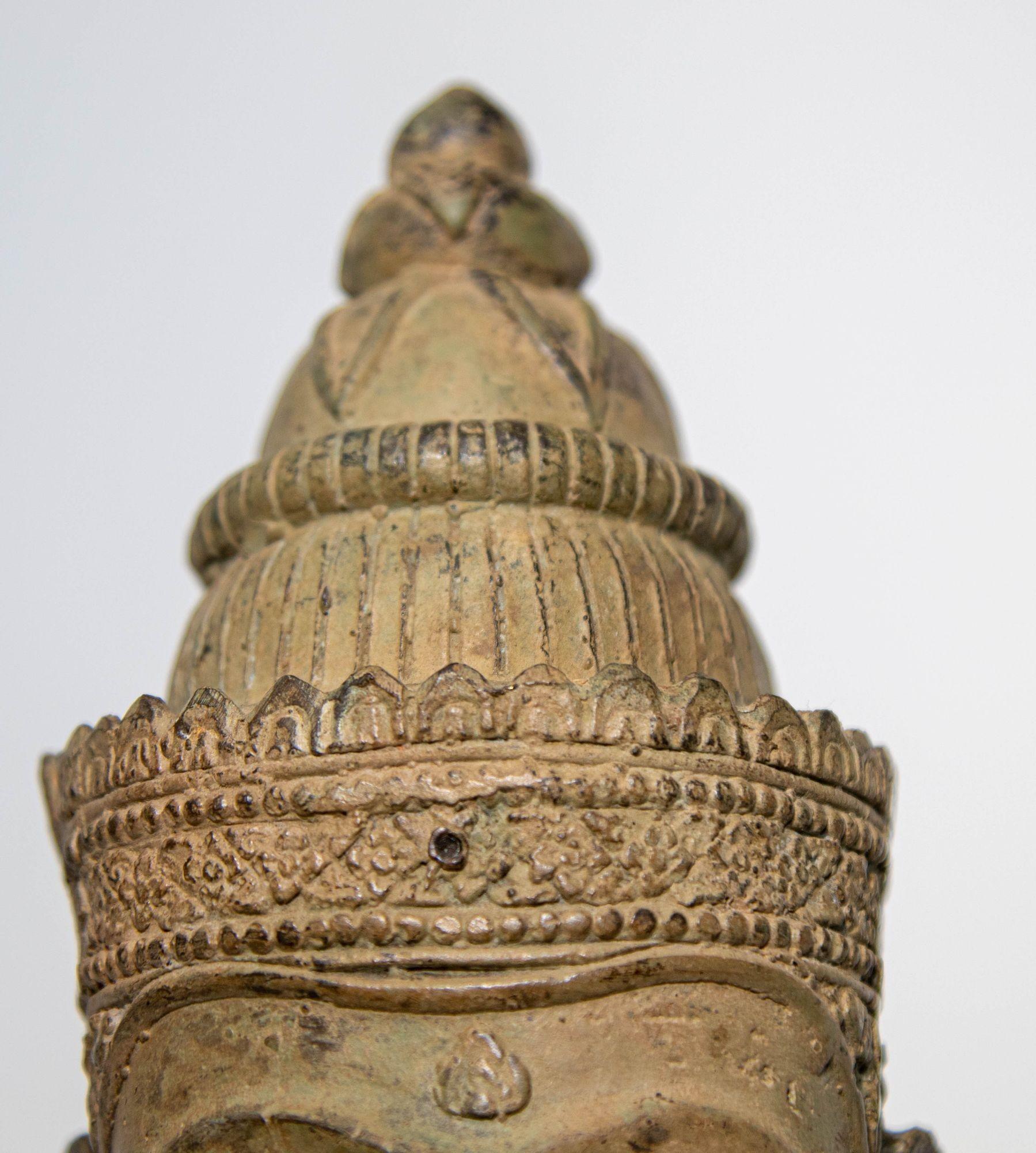 Thai Cast Bronze Buddha Head Sculpture with Verdigris 19th C. For Sale