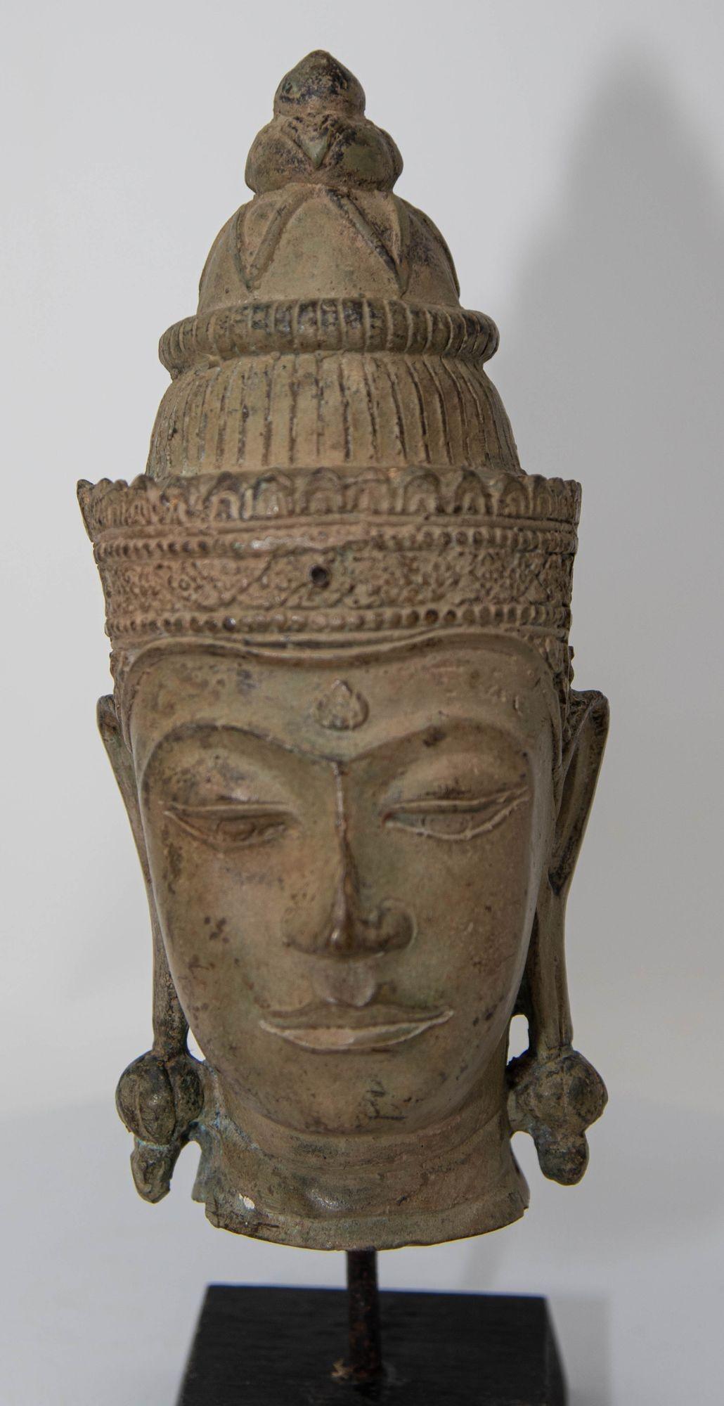 20th Century Cast Bronze Buddha Head Sculpture with Verdigris 19th C. For Sale