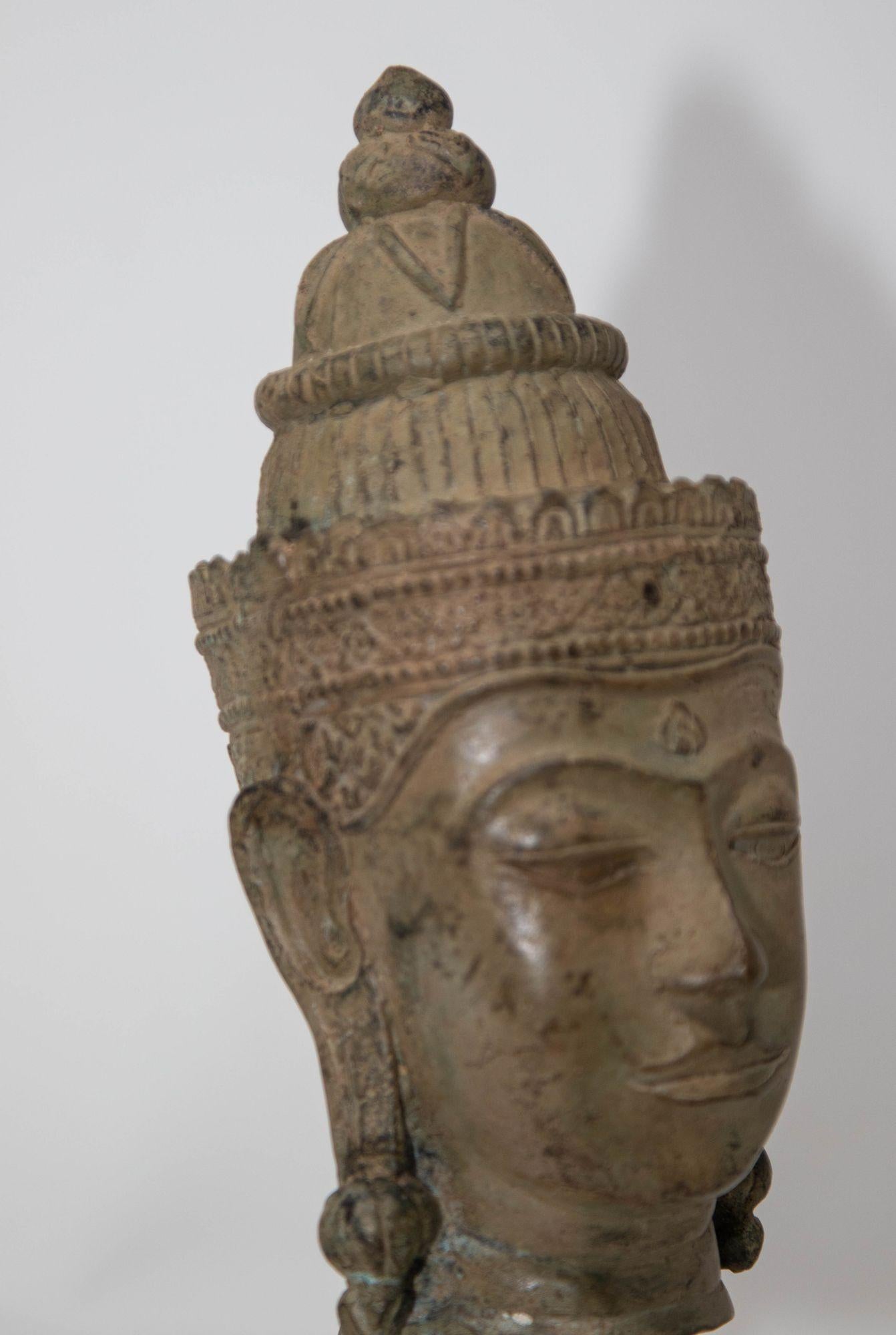 Cast Bronze Buddha Head Sculpture with Verdigris 19th C. For Sale 1