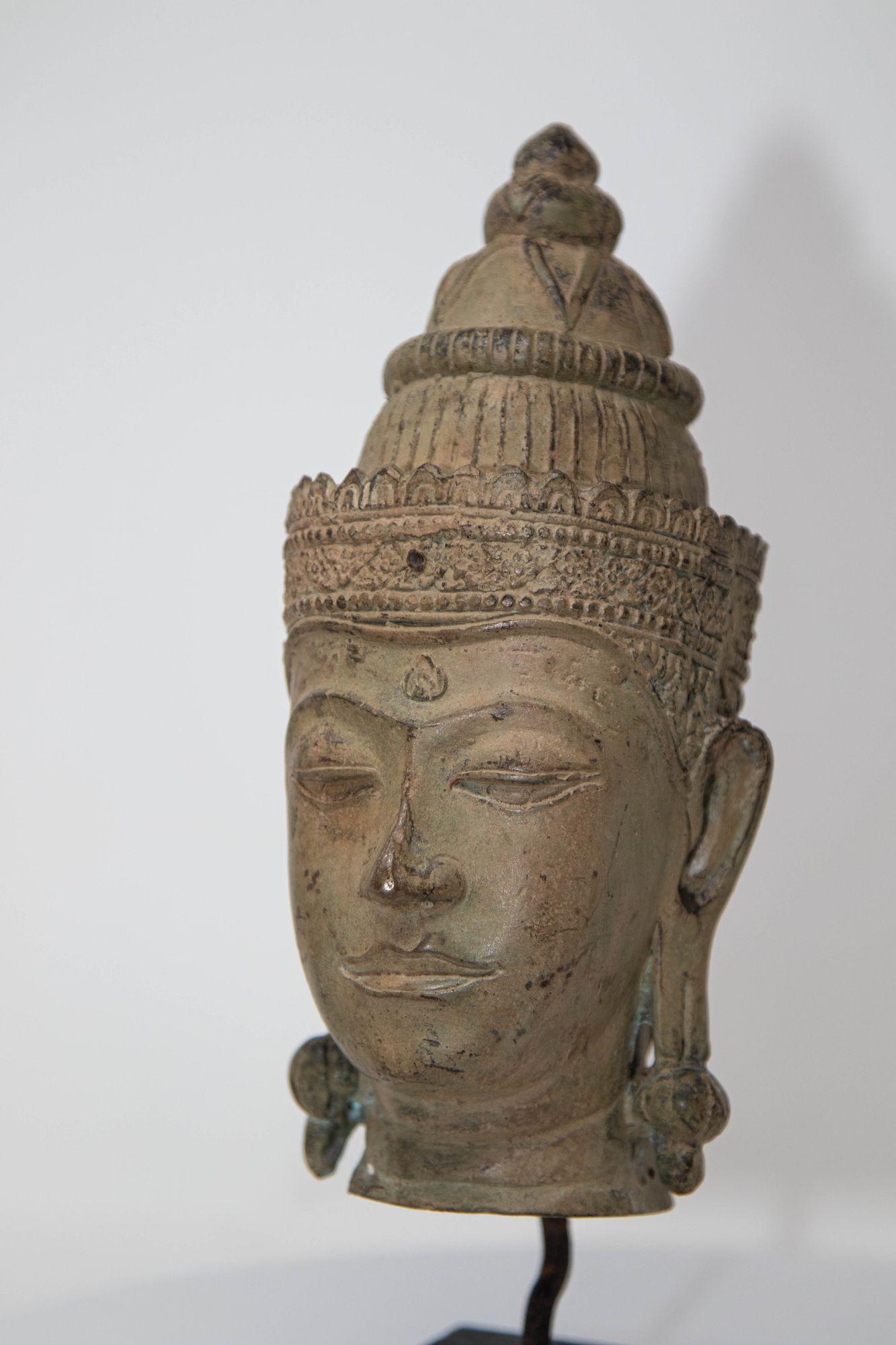 Cast Bronze Buddha Head Sculpture with Verdigris 19th C. For Sale 2