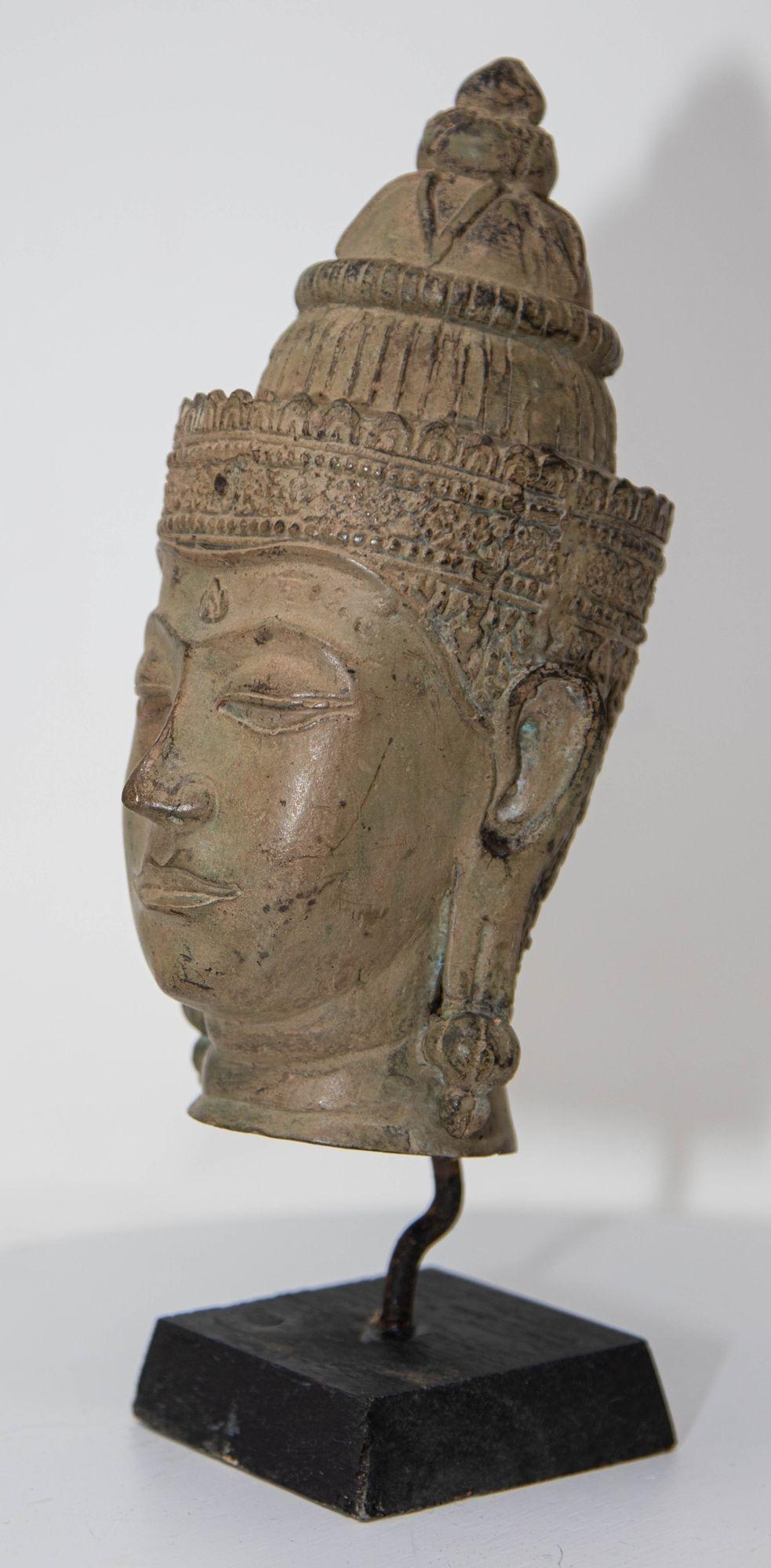 Cast Bronze Buddha Head Sculpture with Verdigris 19th C. For Sale 3