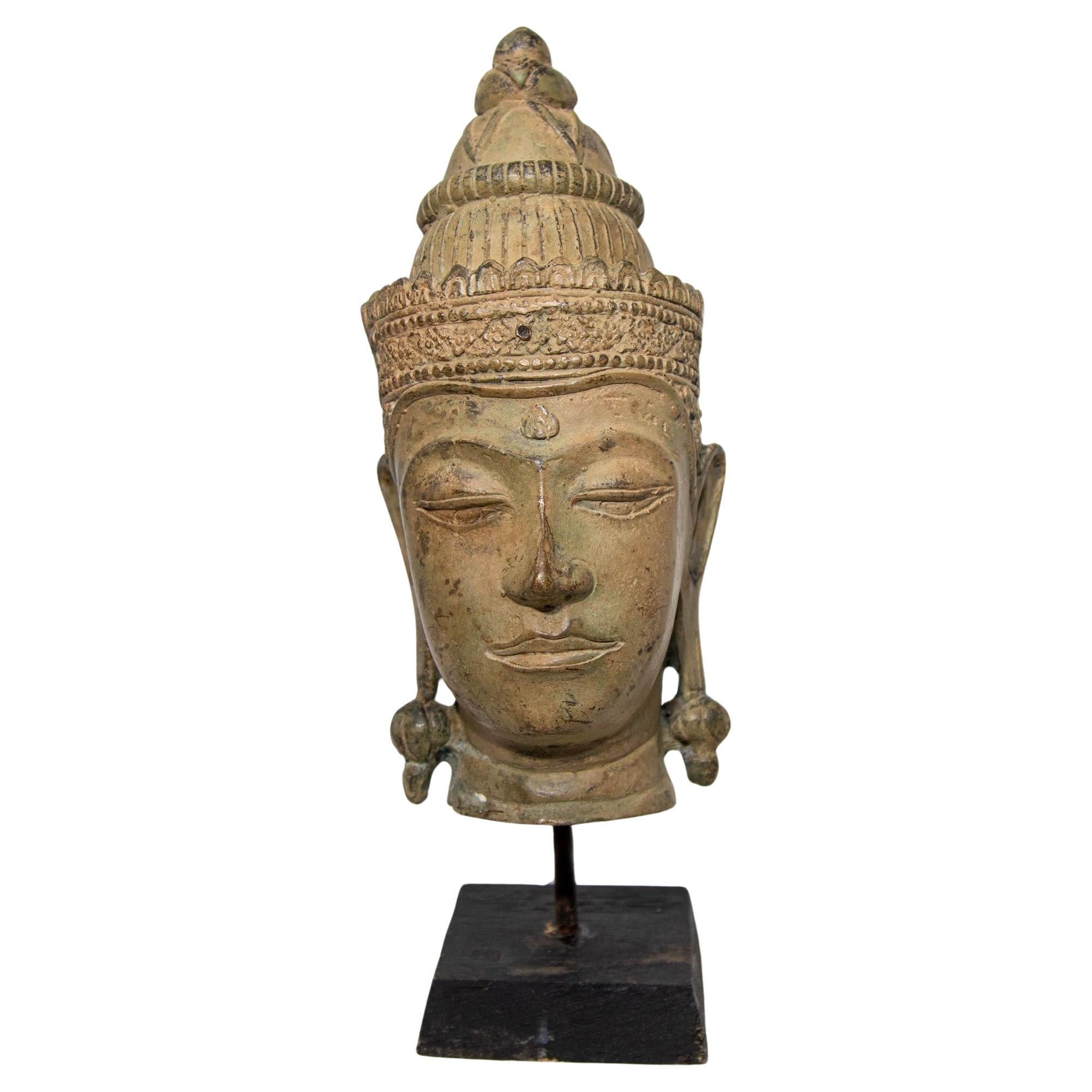 Cast Bronze Buddha Head Sculpture with Verdigris 19th C. For Sale