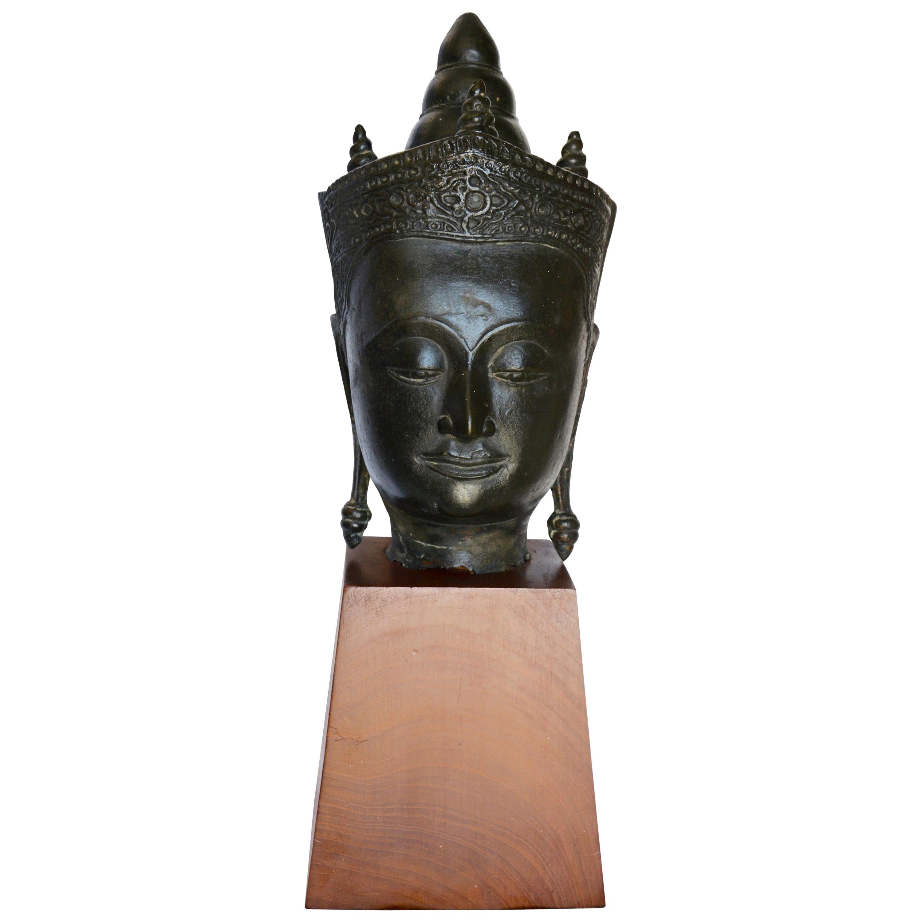 Cast Bronze Bust of Buddha on Wooden Base, Late 18th Century For Sale
