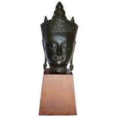 Antique Cast Bronze Bust of Buddha on Wooden Base, Late 18th Century