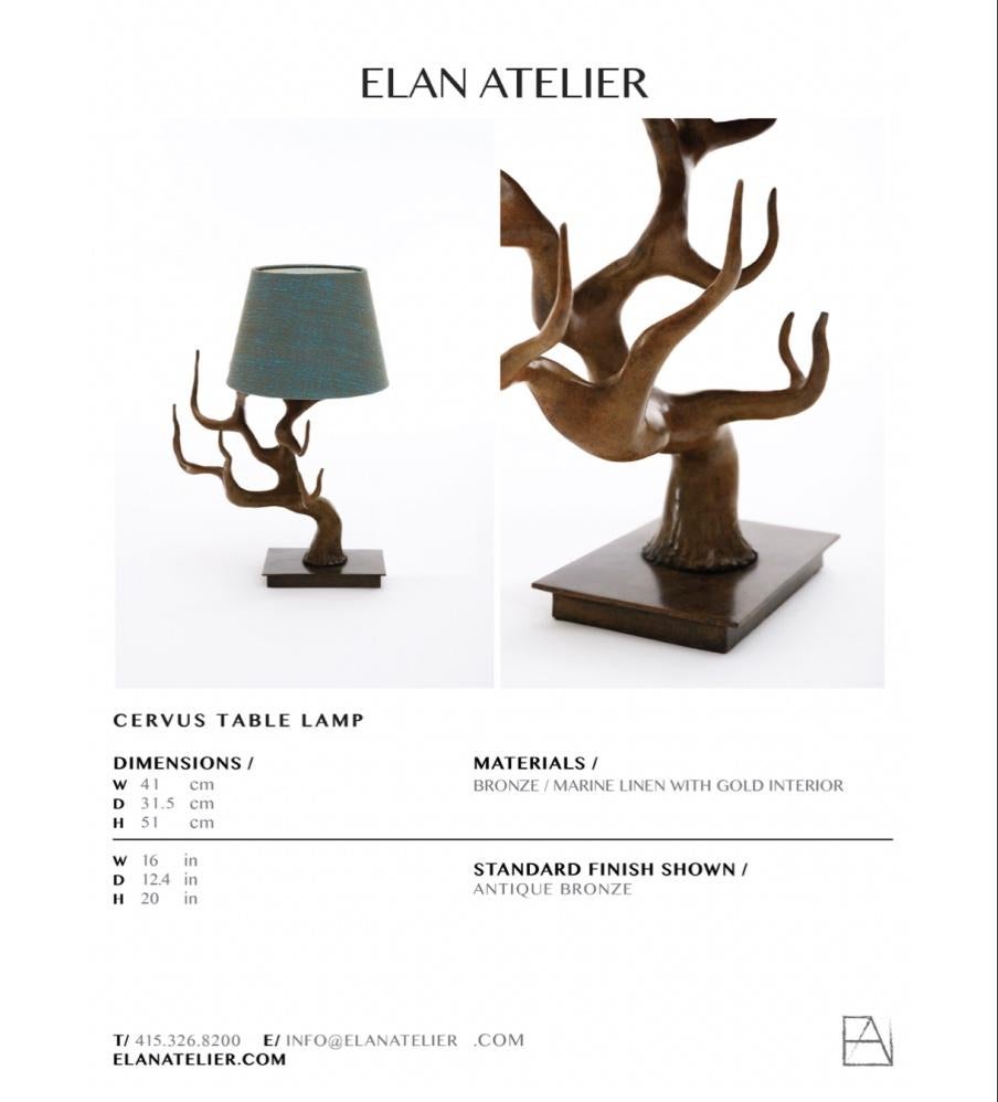 Contemporary Cast Bronze Cervus Table Lamp with Blue Green Linen Shade by Elan Atelier For Sale