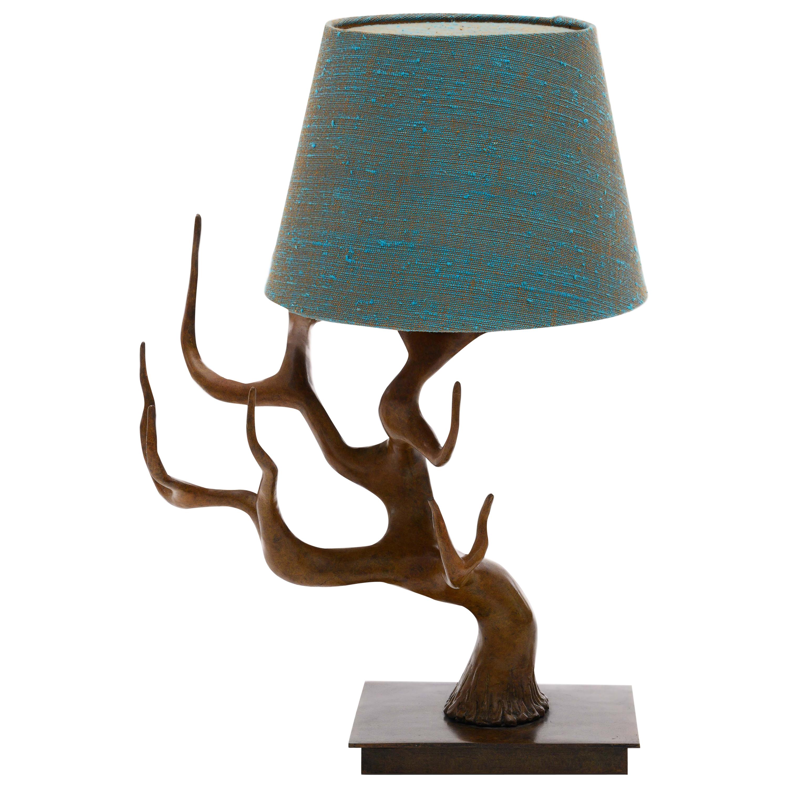 Cast Bronze Cervus Table Lamp with Blue Green Linen Shade by Elan Atelier For Sale