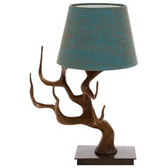 Cast Bronze Cervus Table Lamp with Blue Green Linen Shade by Elan Atelier