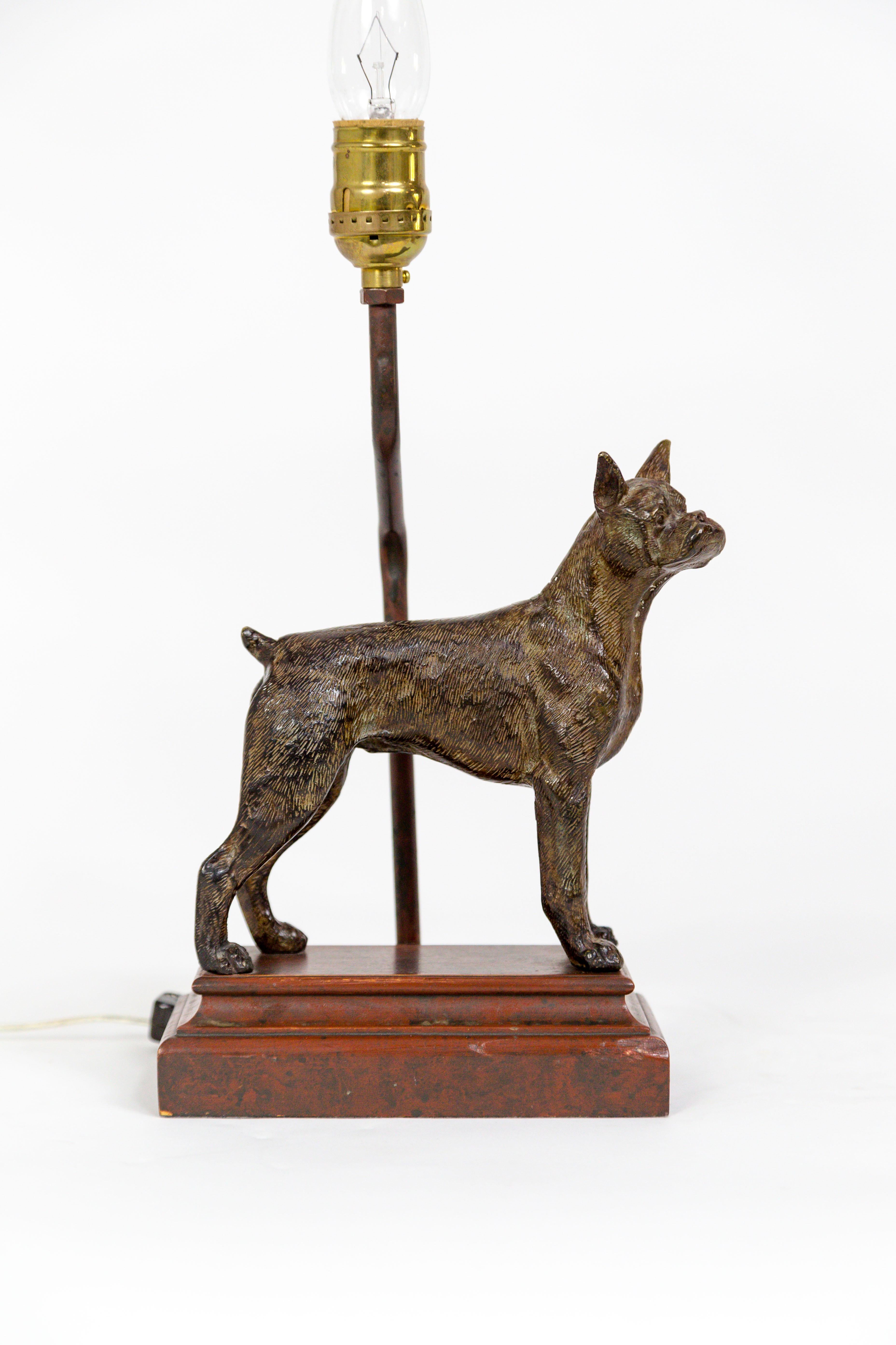 A charming, cast bronze Boxer dog created at the turn of the 20th century, standing on an aged, wooden pedestal; wired as a lamp with a slender, tinted brass stem. Newly rewired with a 3-way switch. American, circa 1900. 6.75