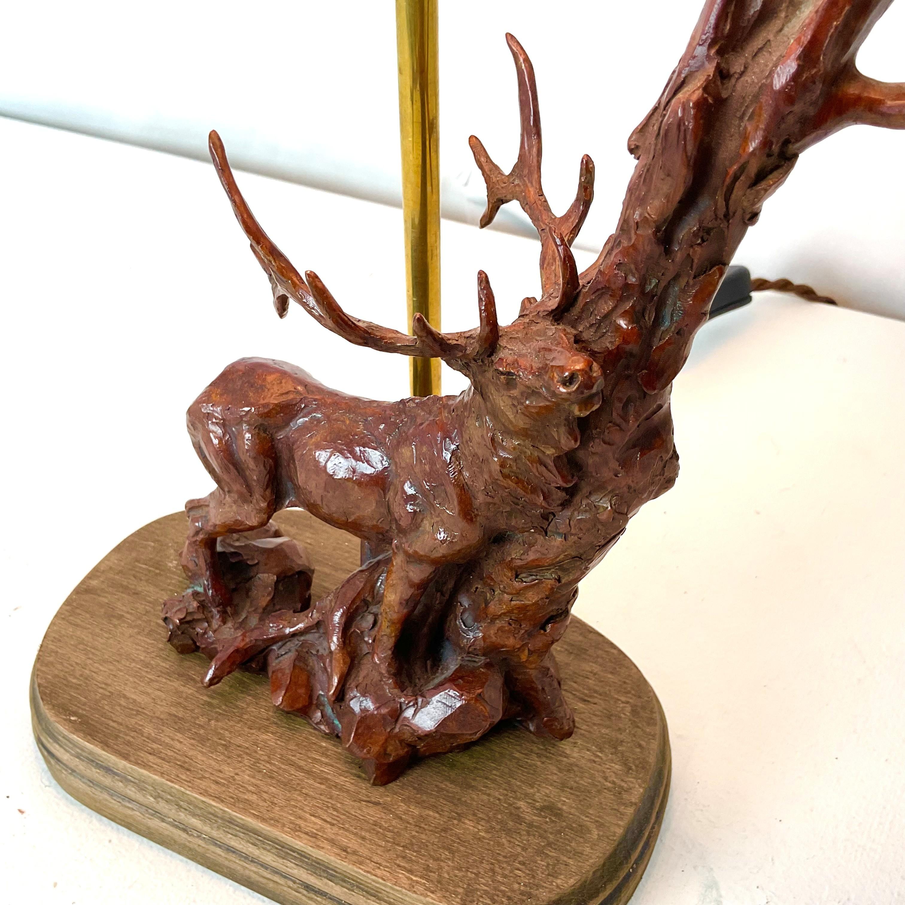 Cast Bronze Elk Lamp In Good Condition For Sale In West Palm Beach, FL