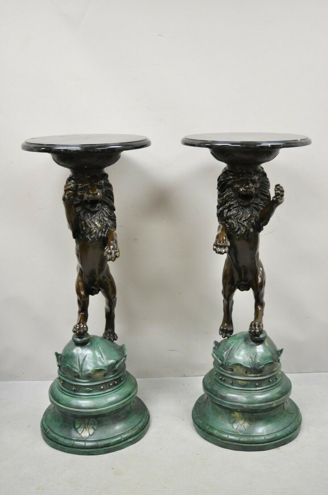 Cast Bronze Figural Lion Sculpture Marble Top Pedestals After P.J Mene, a Pair For Sale 2