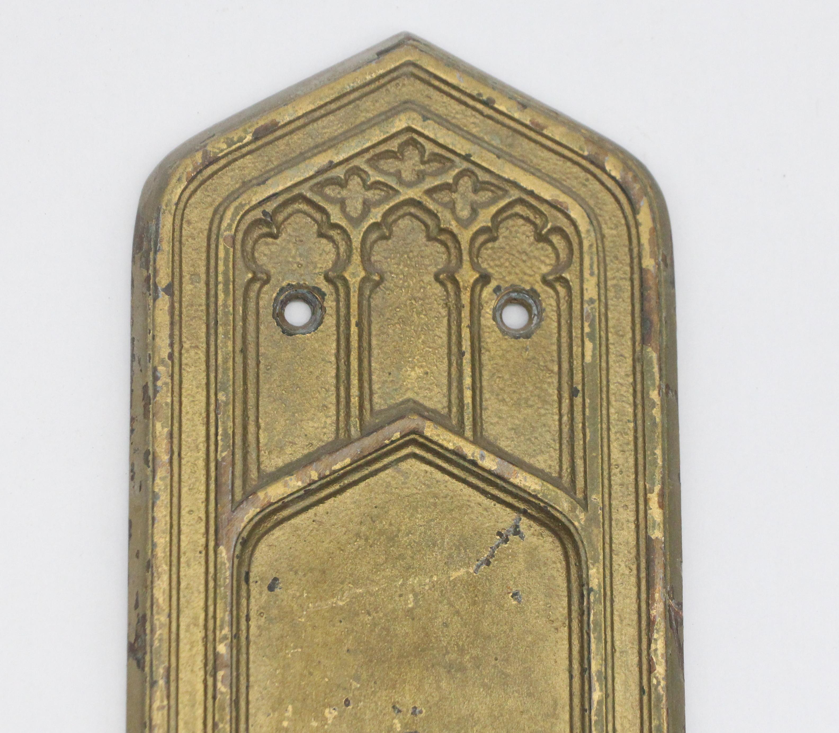 American Cast Bronze Gothic Door Push Plate with Gold Paint Made by Corbin