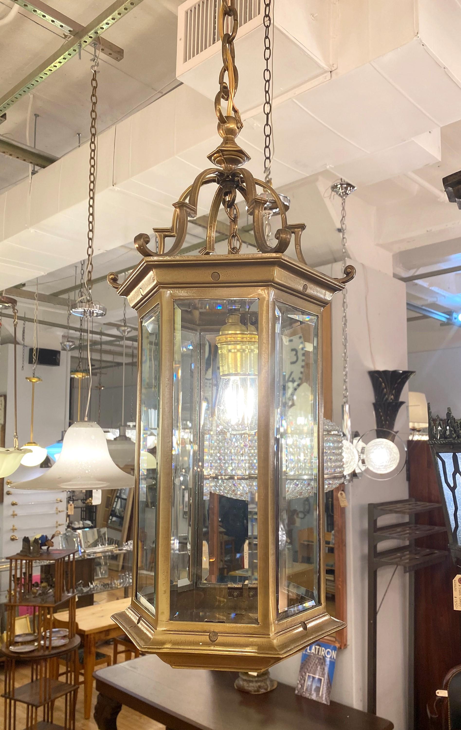 Cast Bronze Hexagon Foyer Lantern Beveled Glass Panes In Good Condition For Sale In New York, NY
