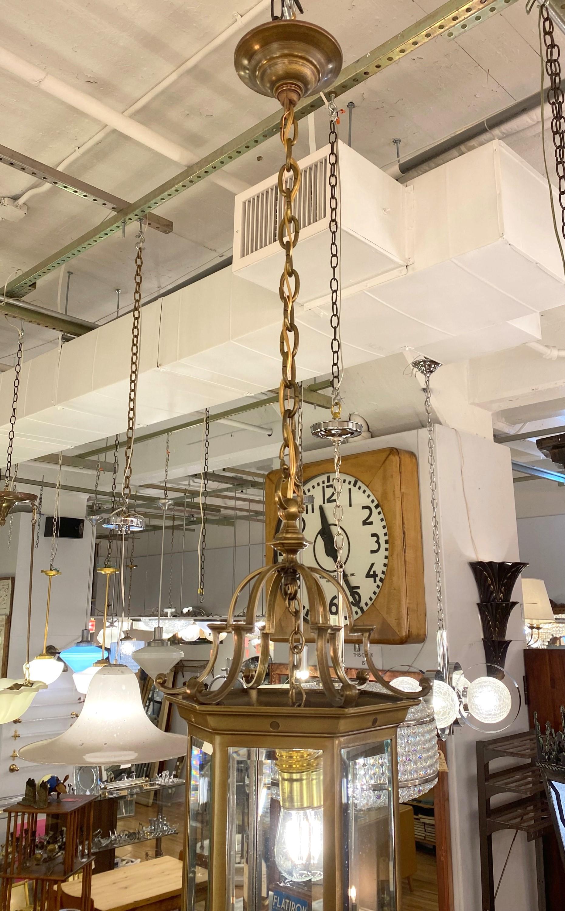 20th Century Cast Bronze Hexagon Foyer Lantern Beveled Glass Panes For Sale
