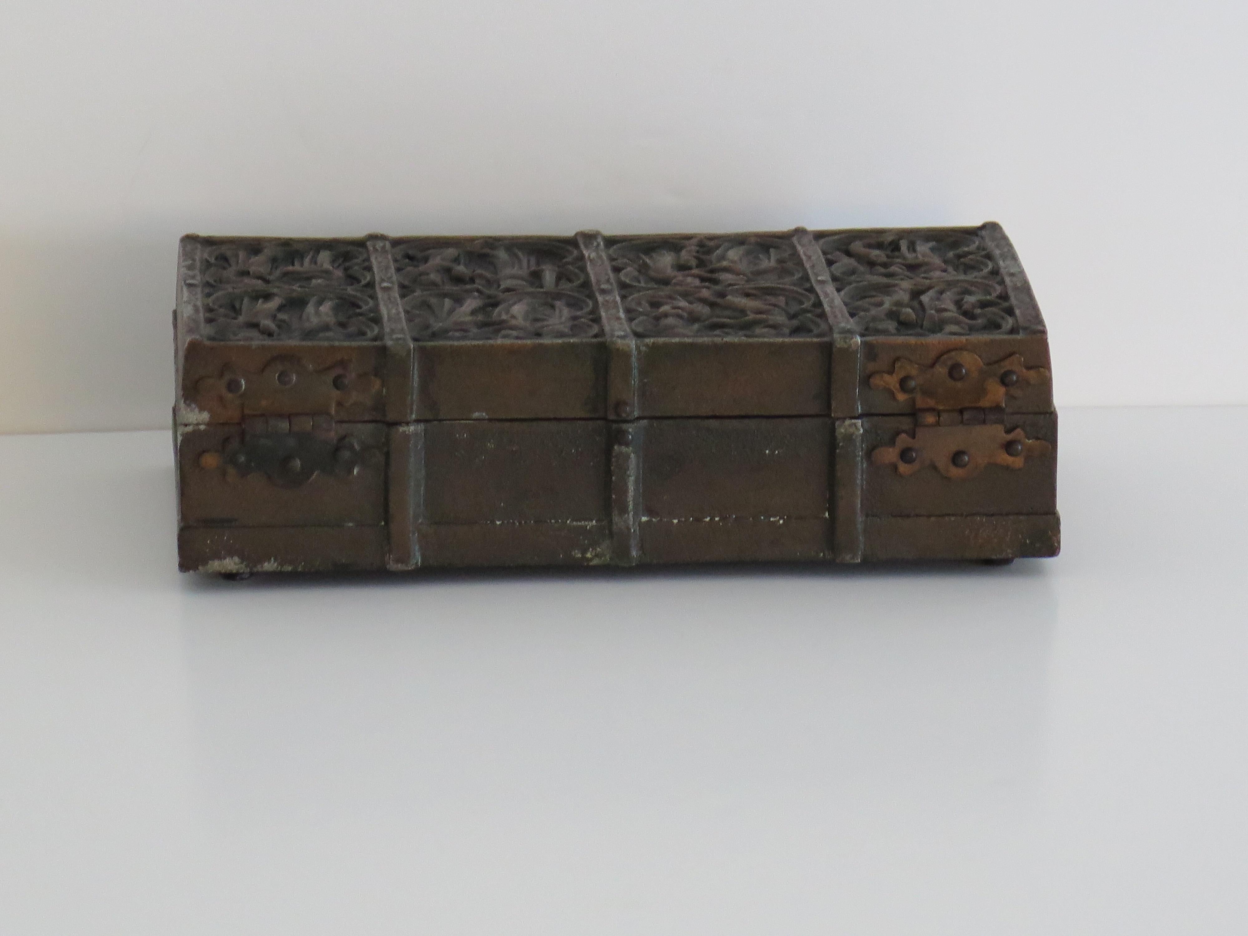 Cast Bronze Lidded Box with Medieval Scenes and hardwood liner, Late 19thC For Sale 4