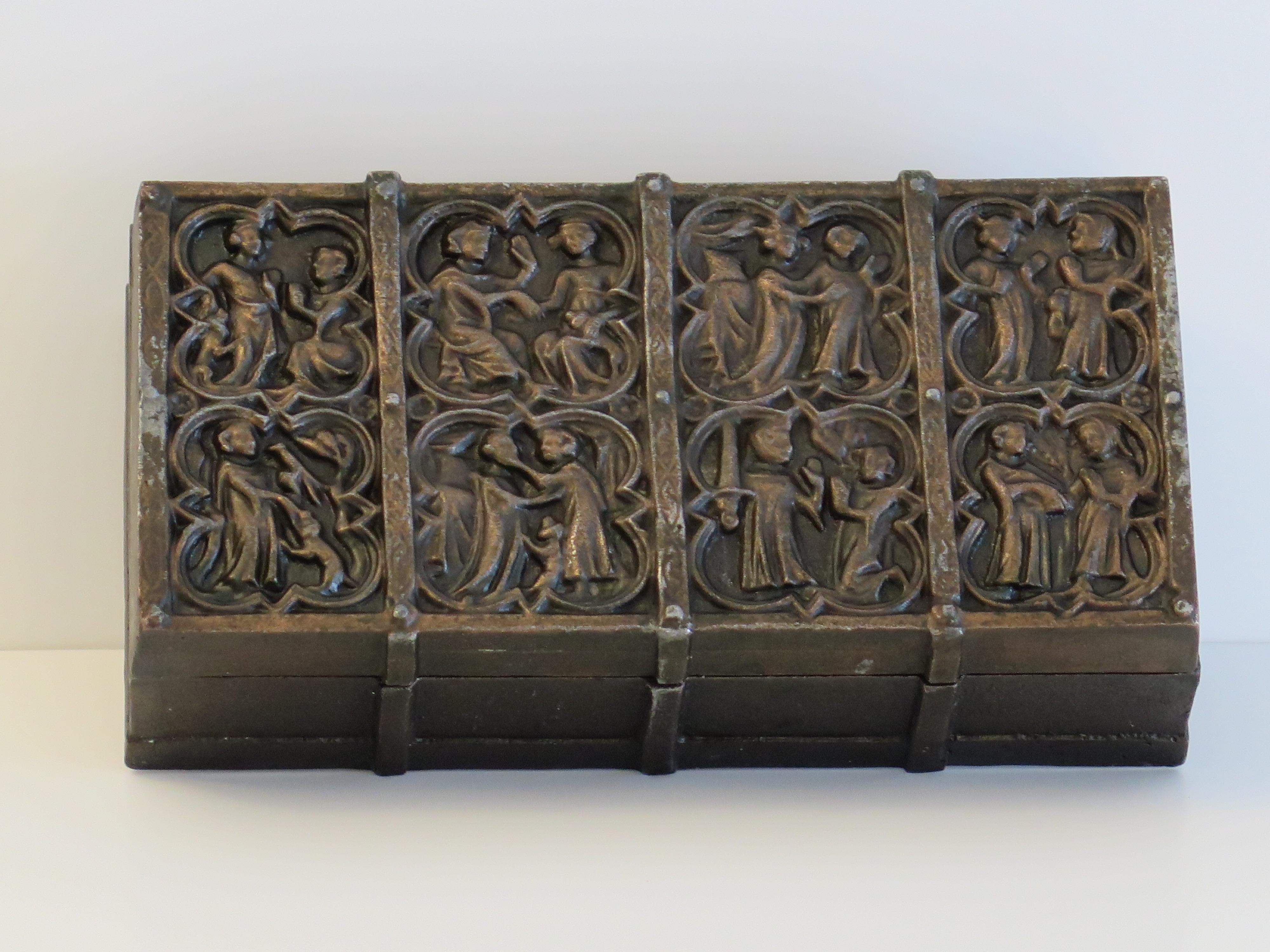 Hand-Crafted Cast Bronze Lidded Box with Medieval Scenes and hardwood liner, Late 19thC For Sale