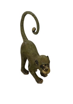 Cast Bronze Monkey Sculpture — Playful Form with Curled Tail and Dual Patina