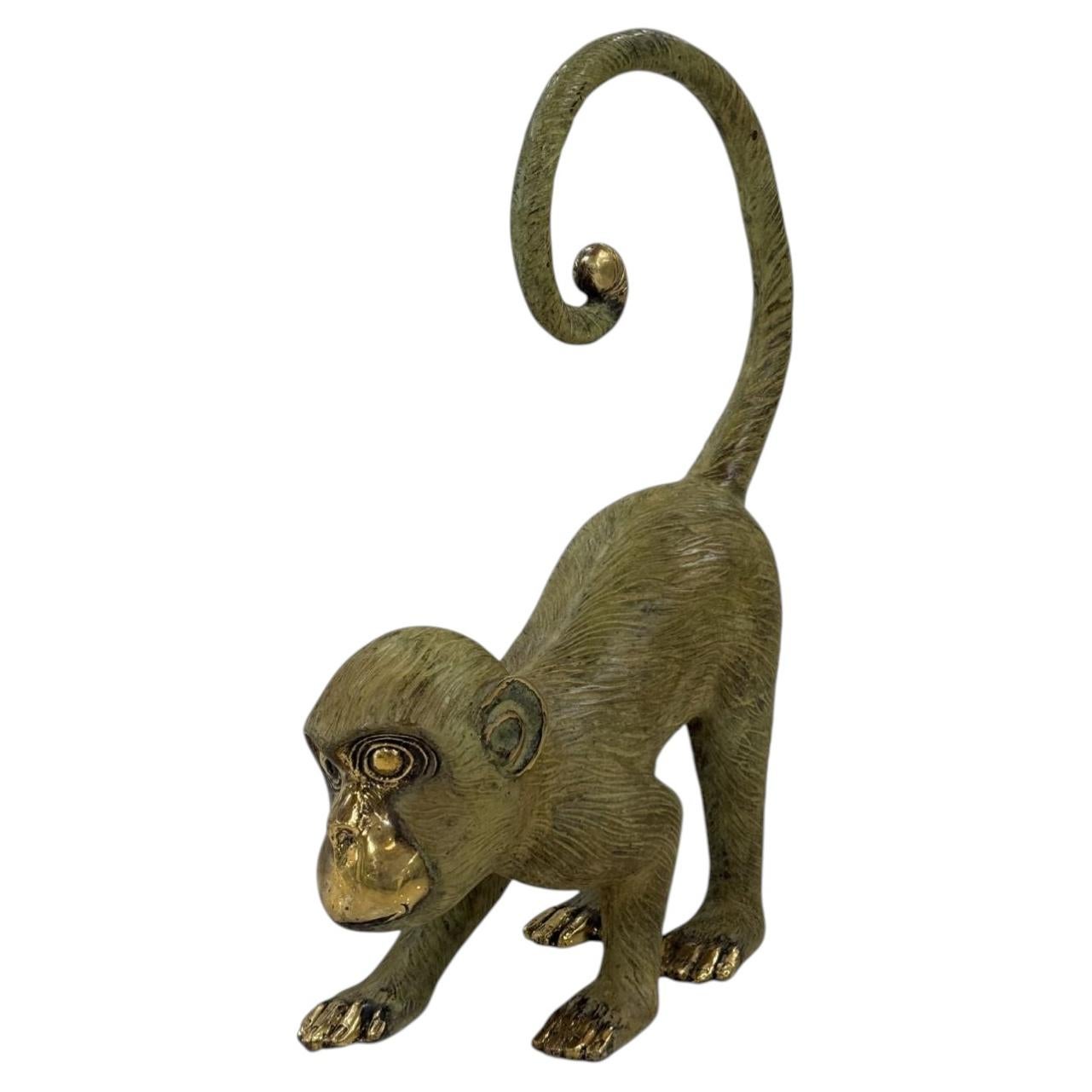 Cast Bronze Monkey Sculpture — Playful Form with Curled Tail and Dual Patina