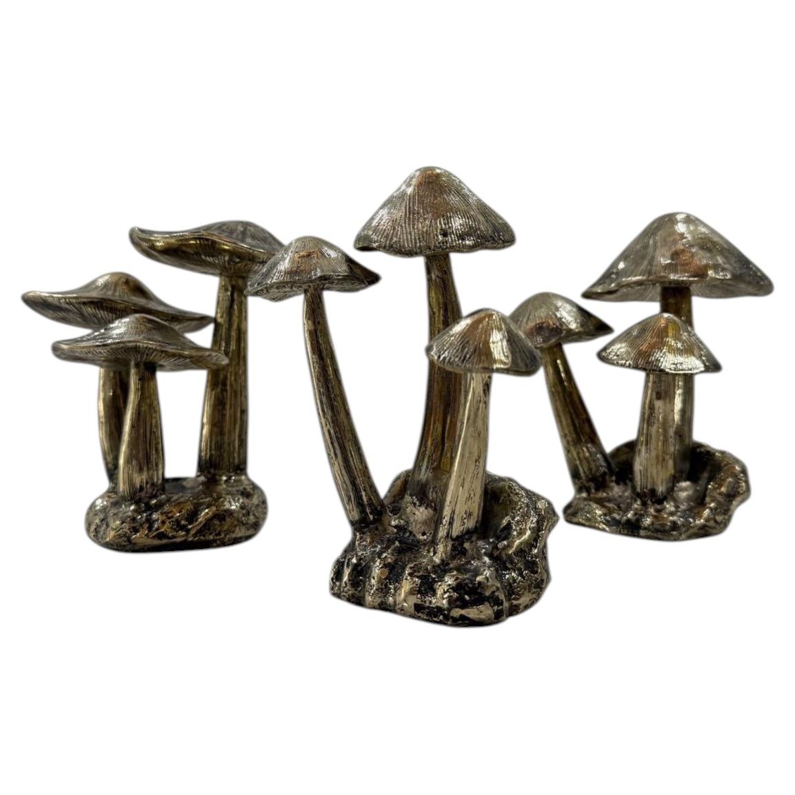 Cast Bronze Mushroom Sculpture Set, Organic Cluster Forms with Textural Patina