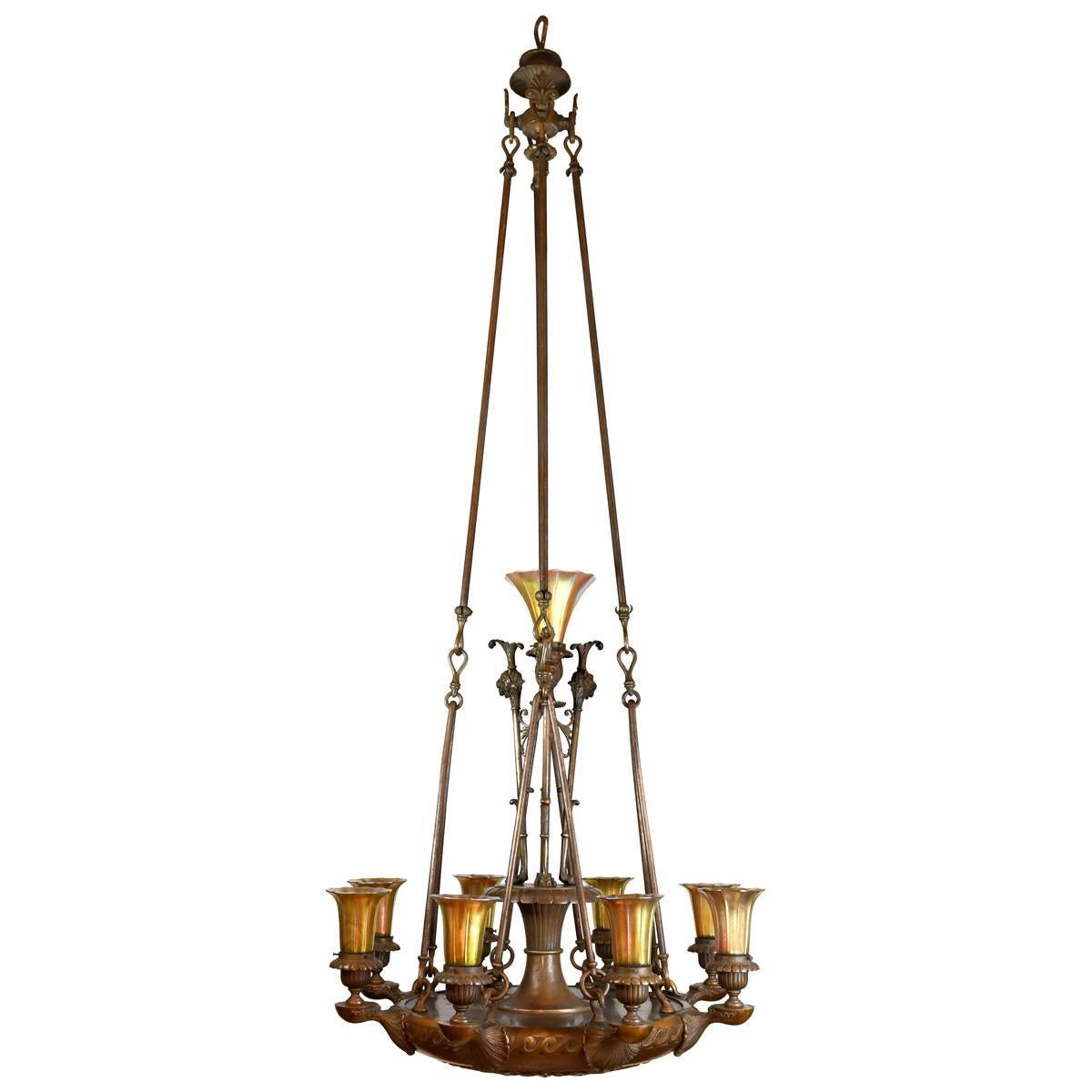 Cast Bronze NineLight Chandelier with Steuben Shades at 1stDibs