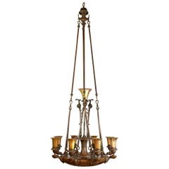 Cast Bronze Nine-Light Chandelier with Steuben Shades