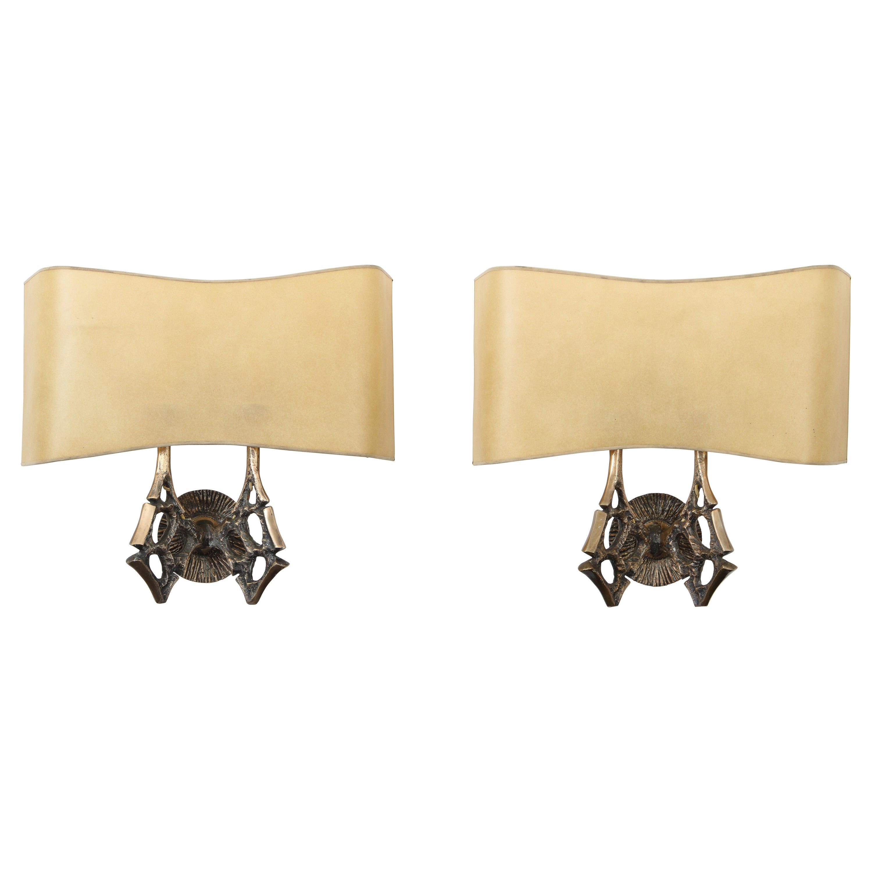 Cast Bronze Pair of Brutalist Patinated Sconces, France 1970's