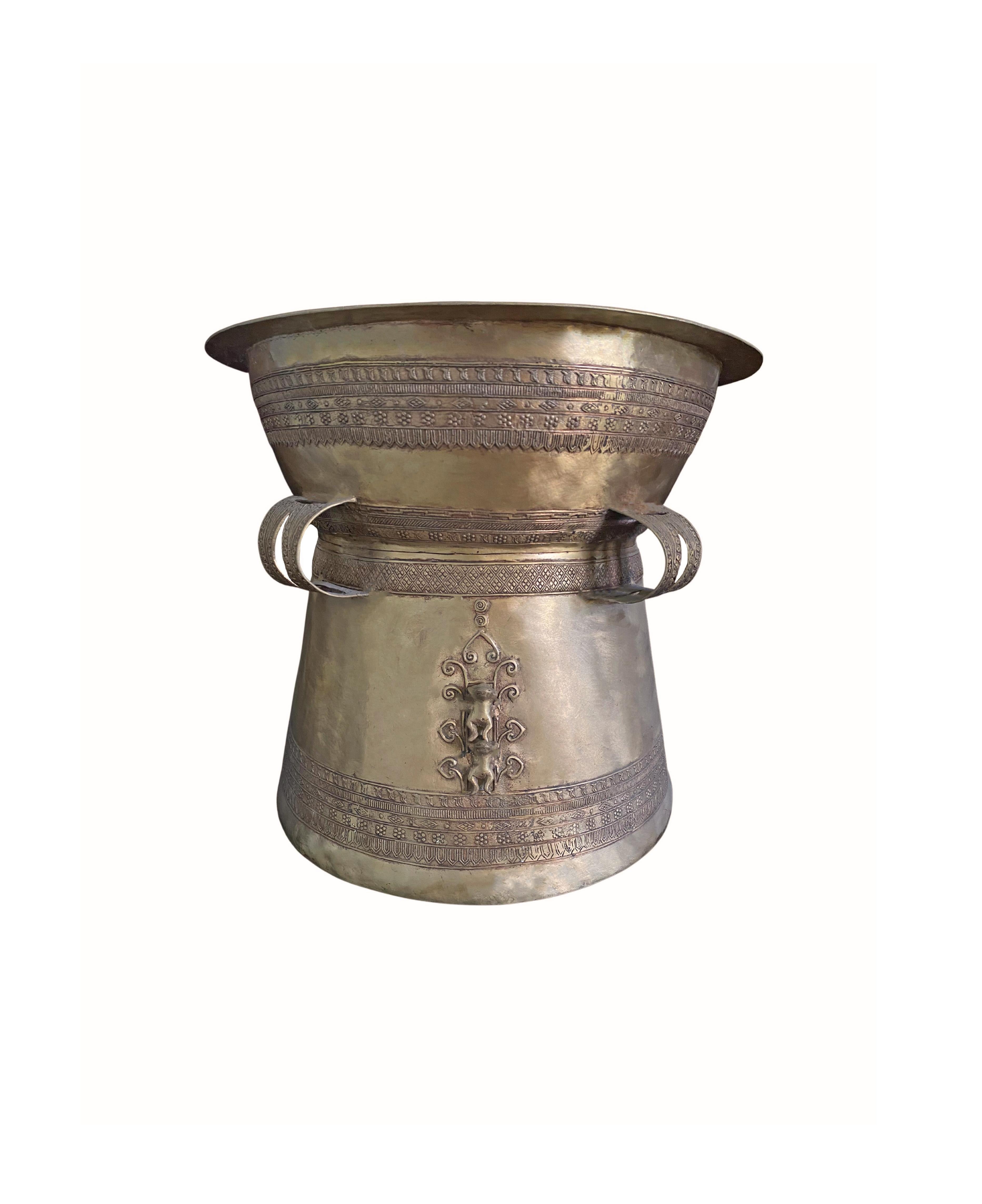 Modern Cast Bronze Rain Drum with Elaborate Detail, Light Finish For Sale