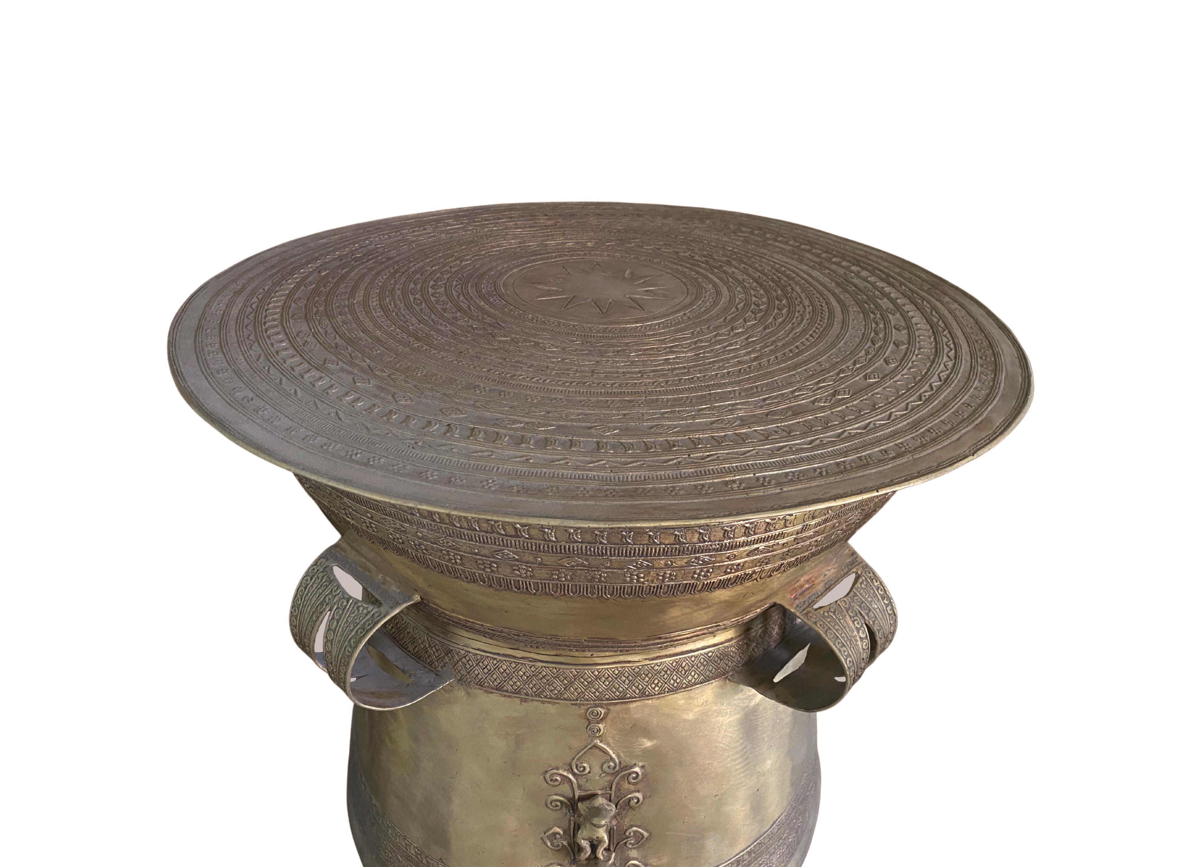 Indonesian Cast Bronze Rain Drum with Elaborate Detail, Light Finish For Sale