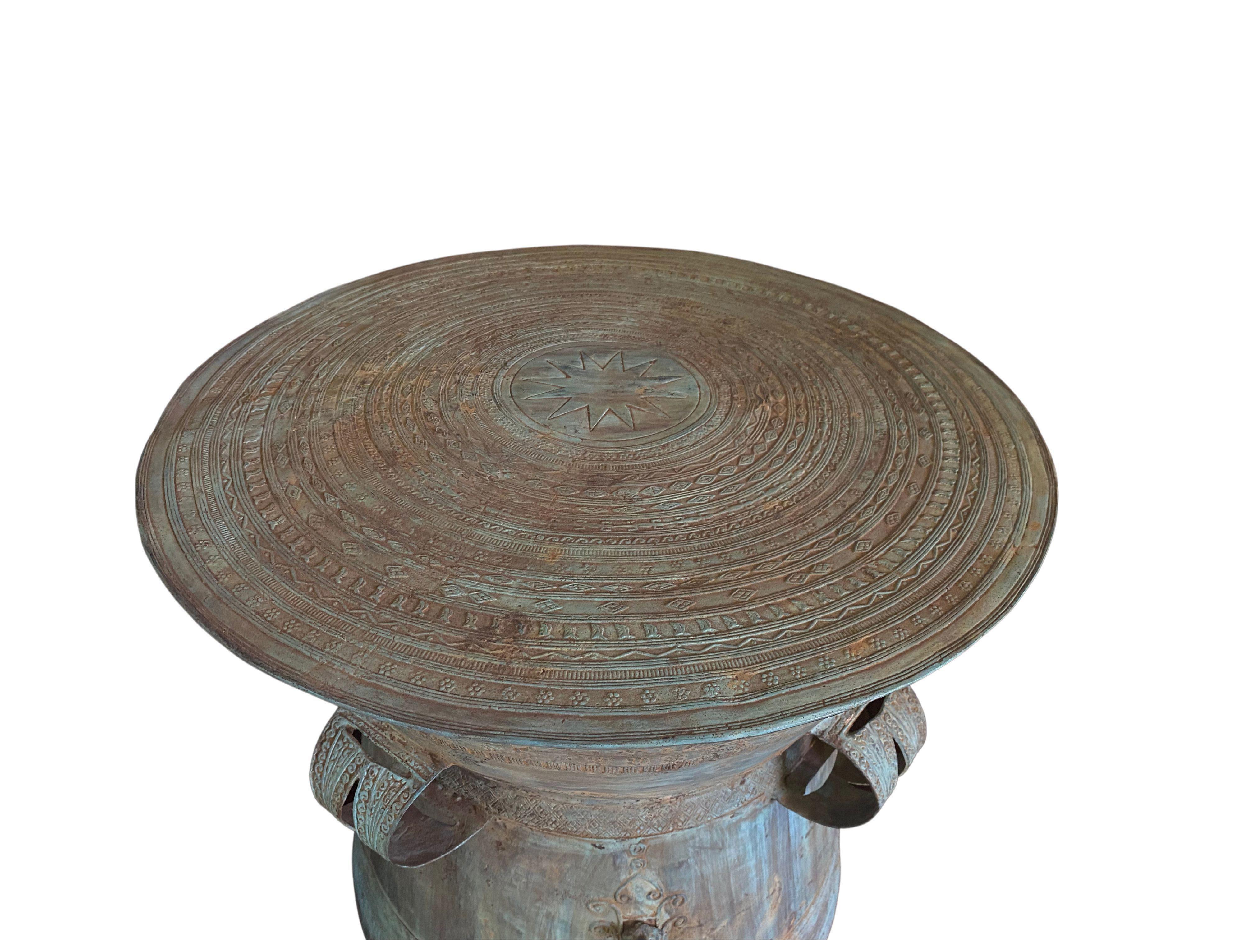 Modern Cast Bronze Rain Drum with Elaborate Detail Patina Finish For Sale